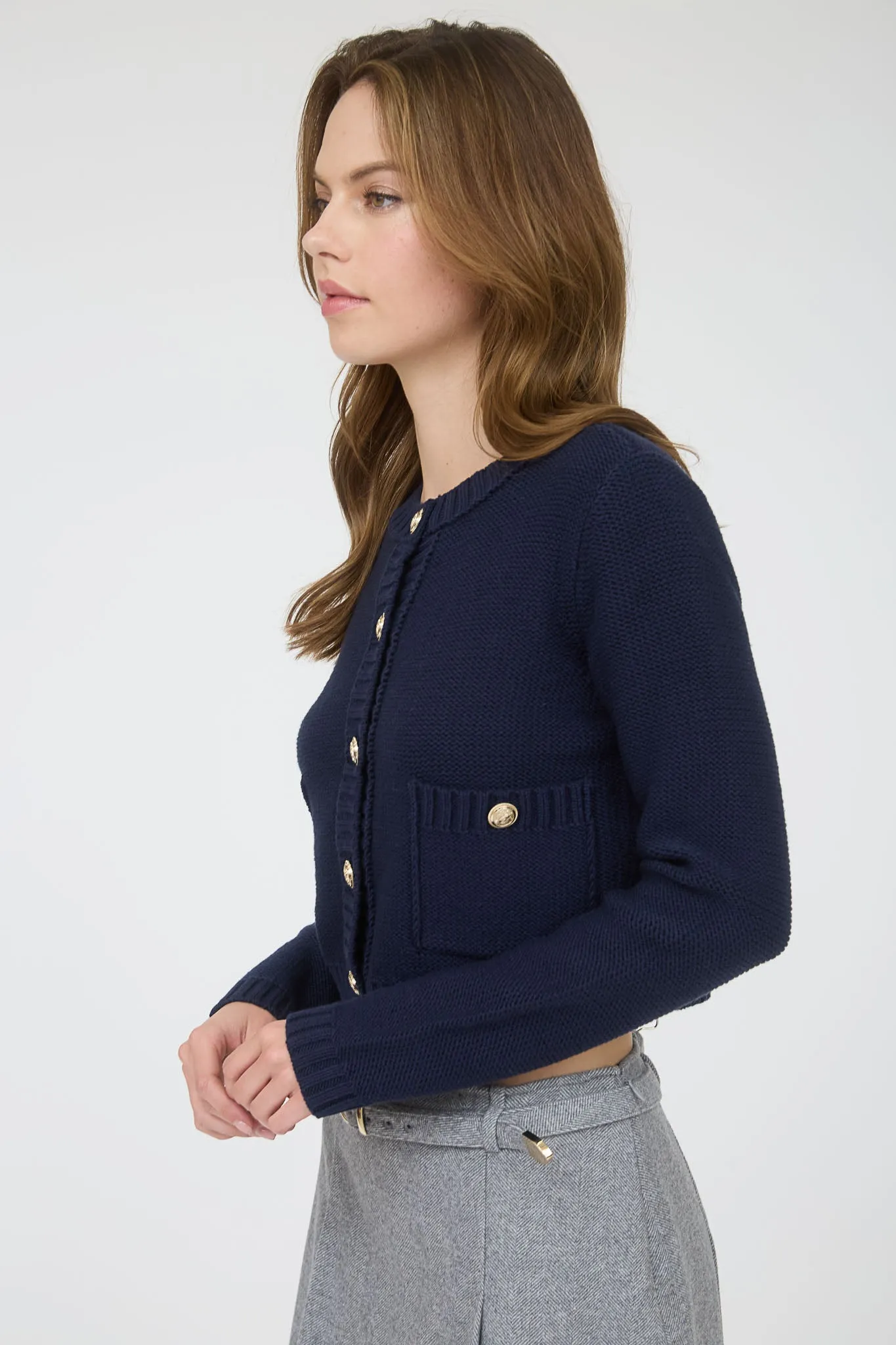 GOLD BUTTON RIBBED TRIM KNIT CARDIGAN SWEATER sold by Blu Pepper product image thumbnail 3