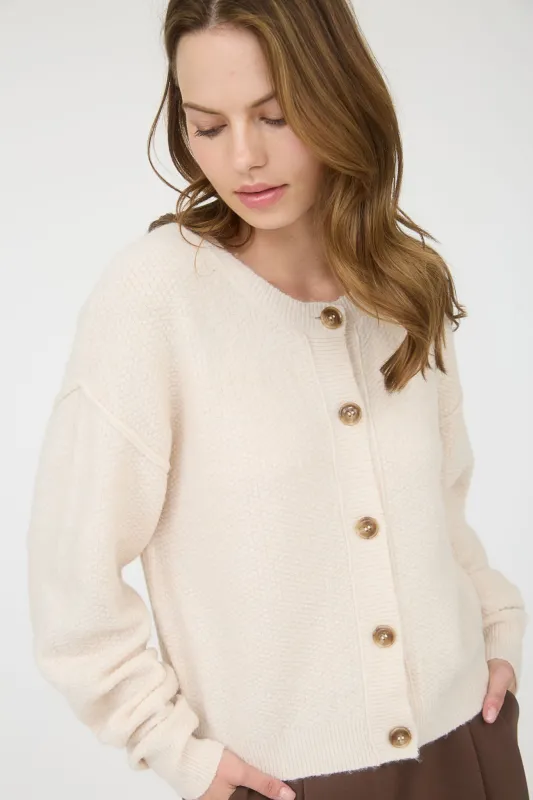 RIBBED TRIM BUTTON DOWN LONG SLEEVE KNIT CARDIGAN sold by Blu Pepper