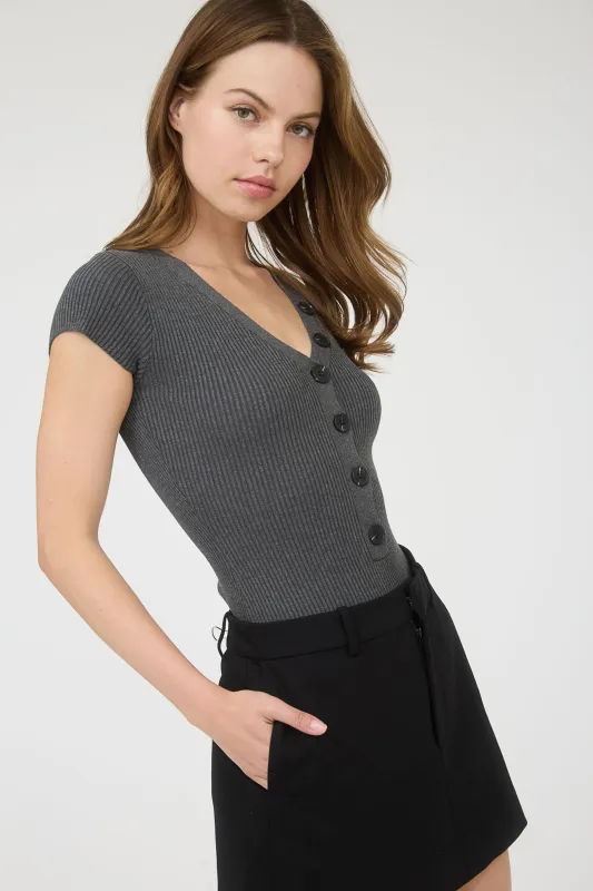 BUTTON DETAIL SHORT SLEEVE SWEATER KNIT BODYSUIT made by Blu Pepper