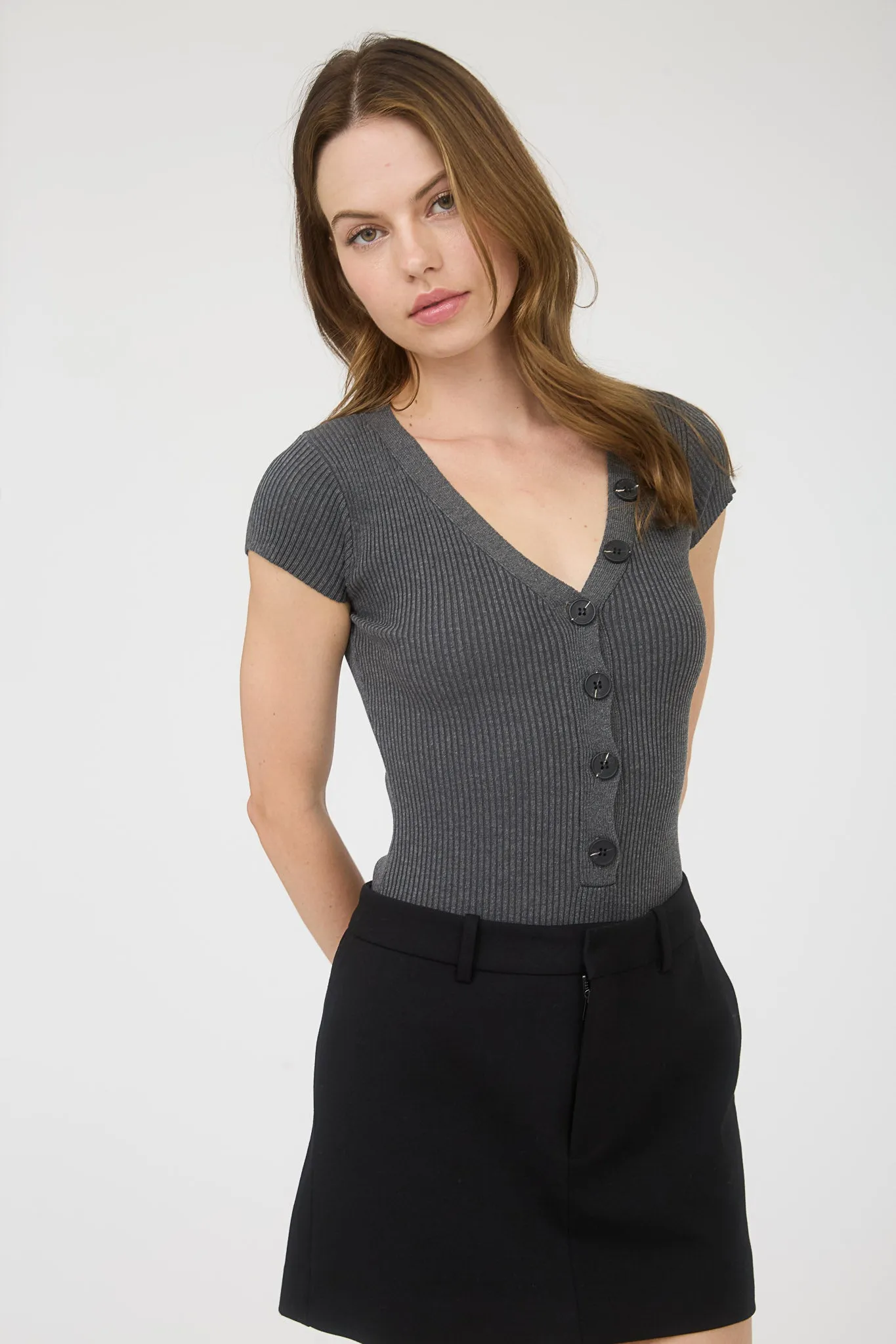 BUTTON DETAIL SHORT SLEEVE SWEATER KNIT BODYSUIT sold by Blu Pepper product image thumbnail 4