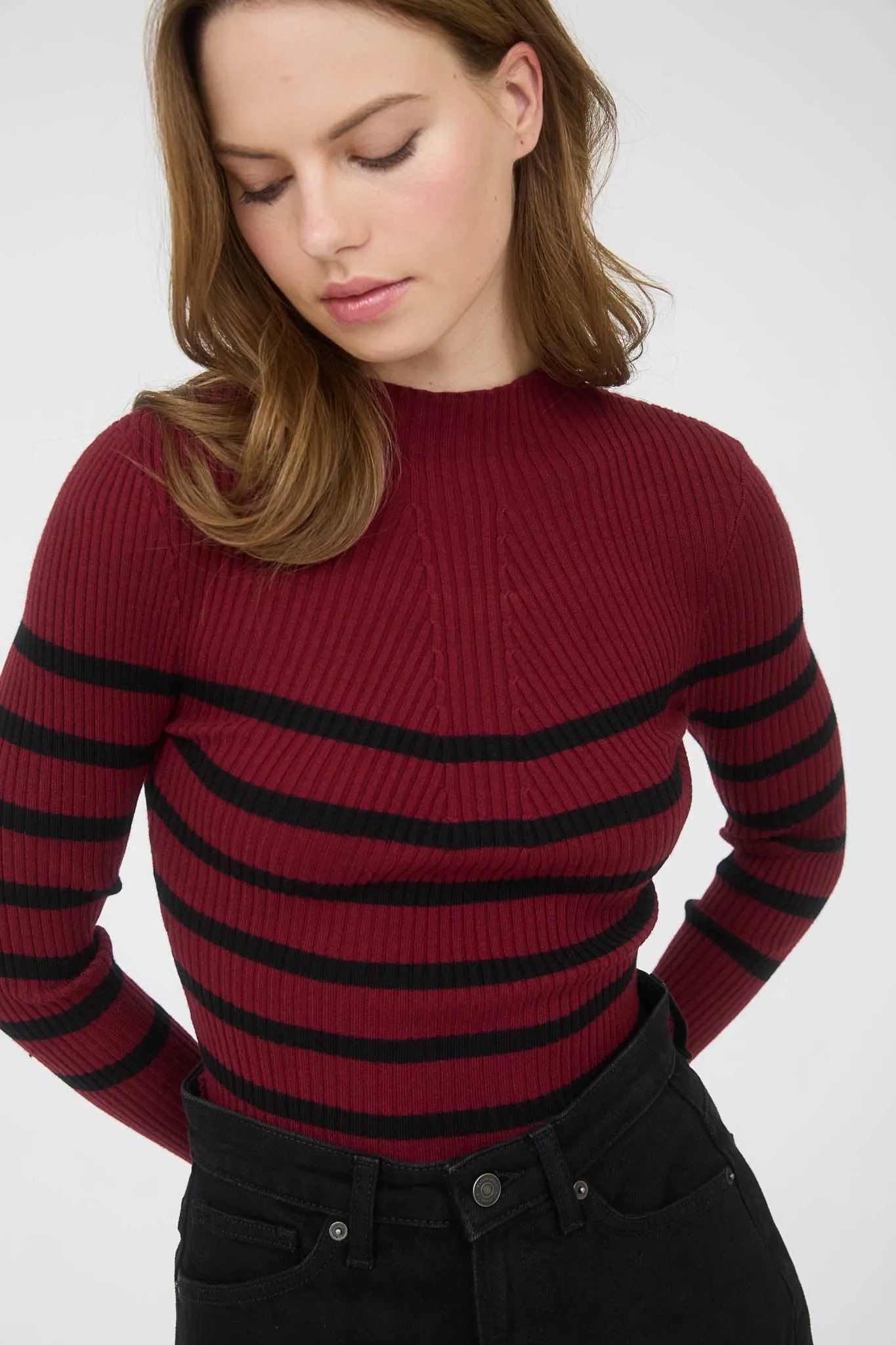 MOCK NECK STRIPE LONG SLEEVE SWEATER KNIT PULLOVER sold by Blu Pepper