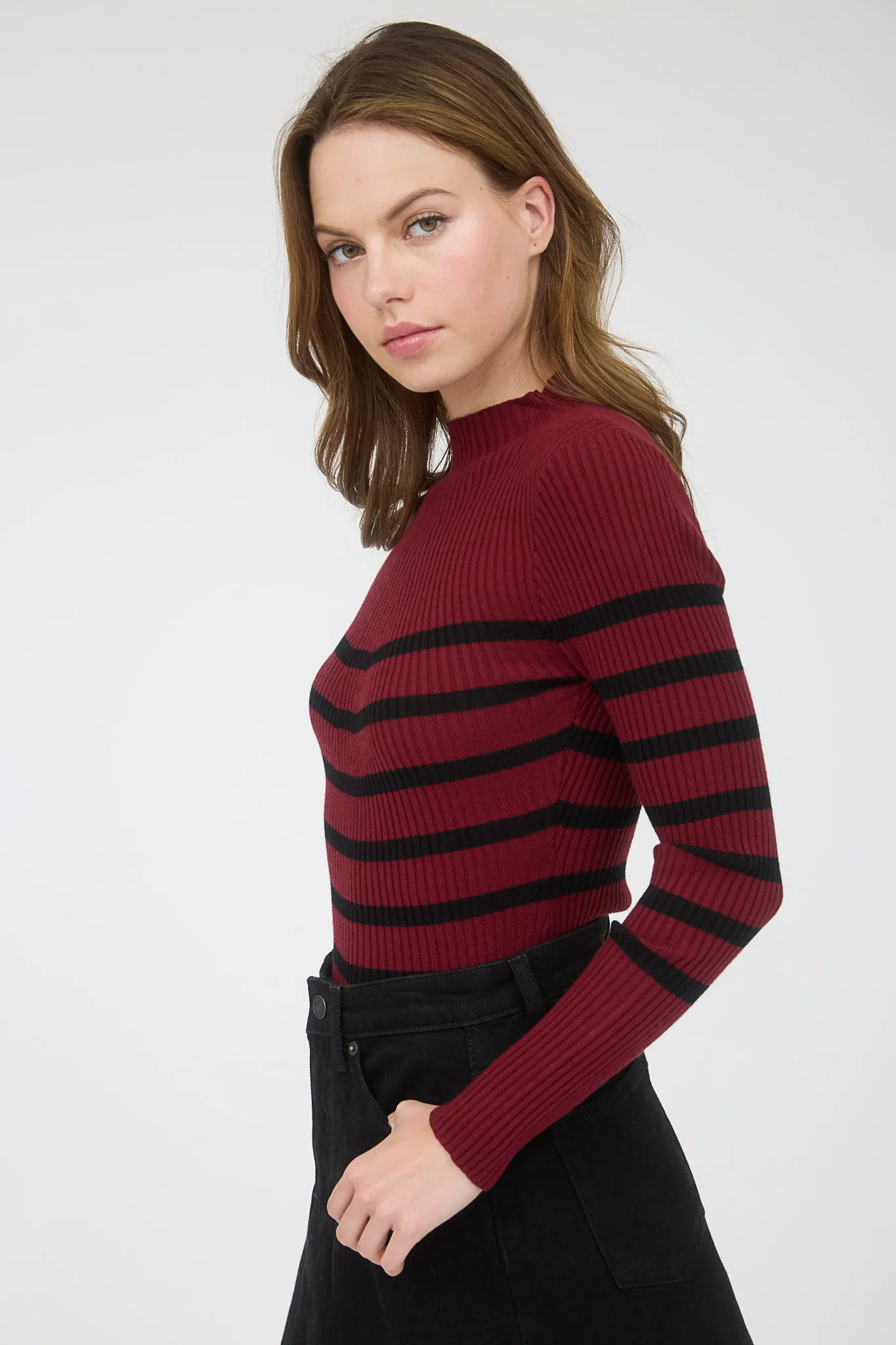 MOCK NECK STRIPE LONG SLEEVE SWEATER KNIT PULLOVER sold by Blu Pepper product image thumbnail 3