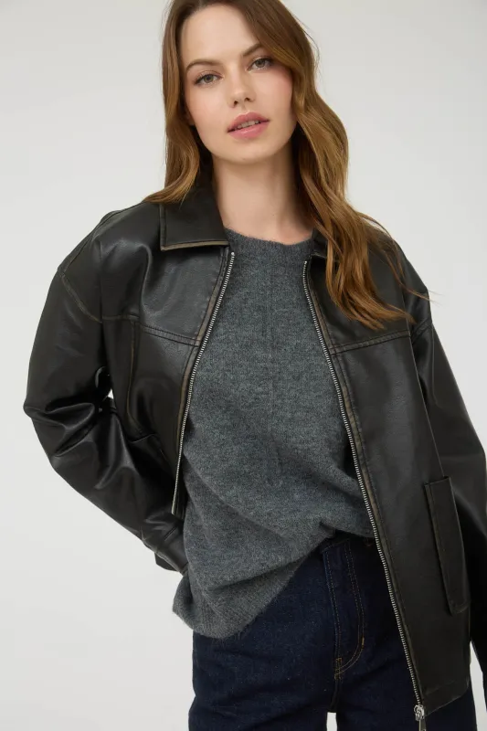 WASHED FAUX LEATHER COLLARED ZIP-UP JACKET (PRE-ORDER) sold by Blu Pepper