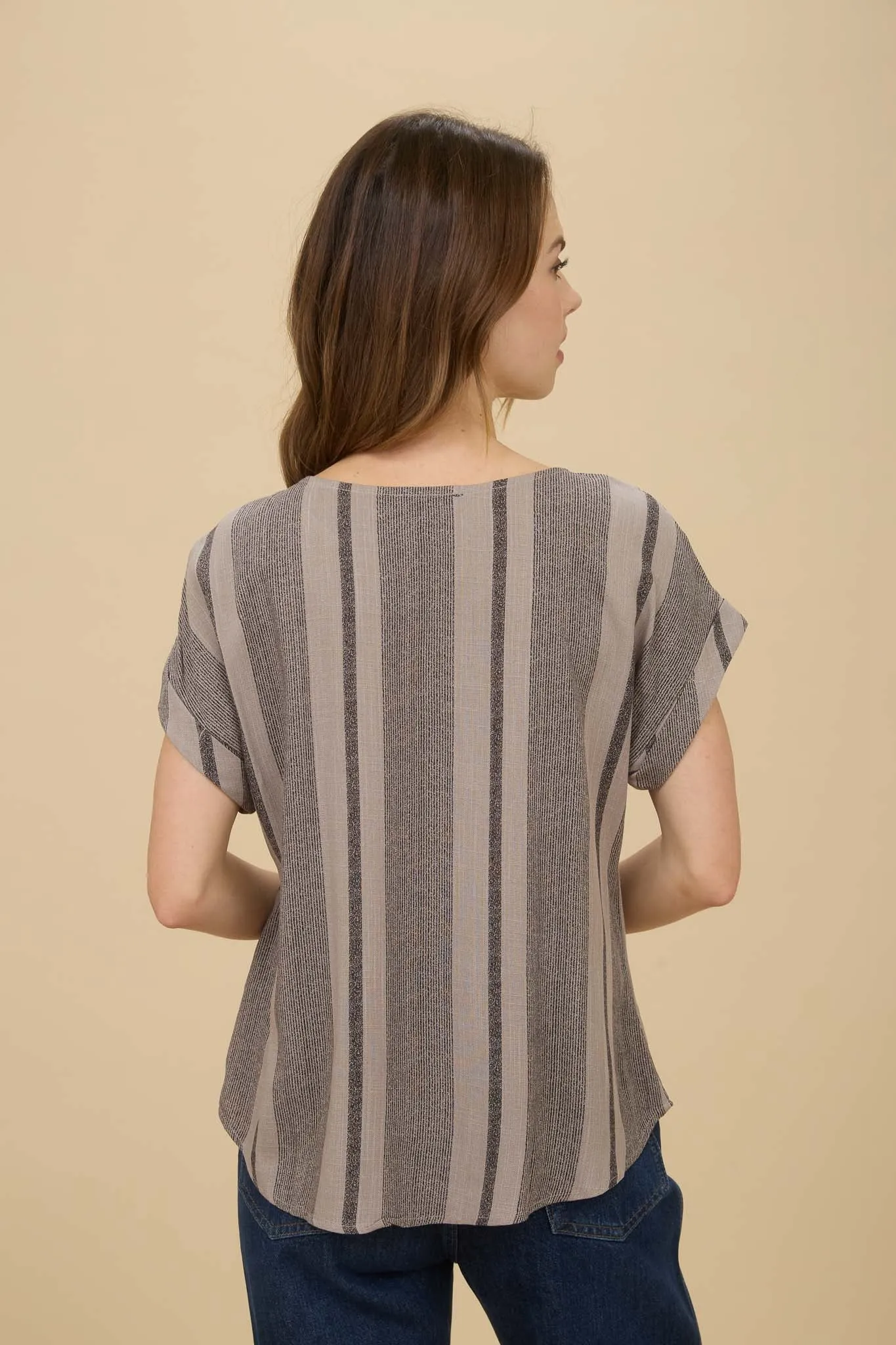 STRIPE SIDE BUTTON DOWN SHORT CUFF SLEEVE TOP sold by Blu Pepper product image thumbnail 2