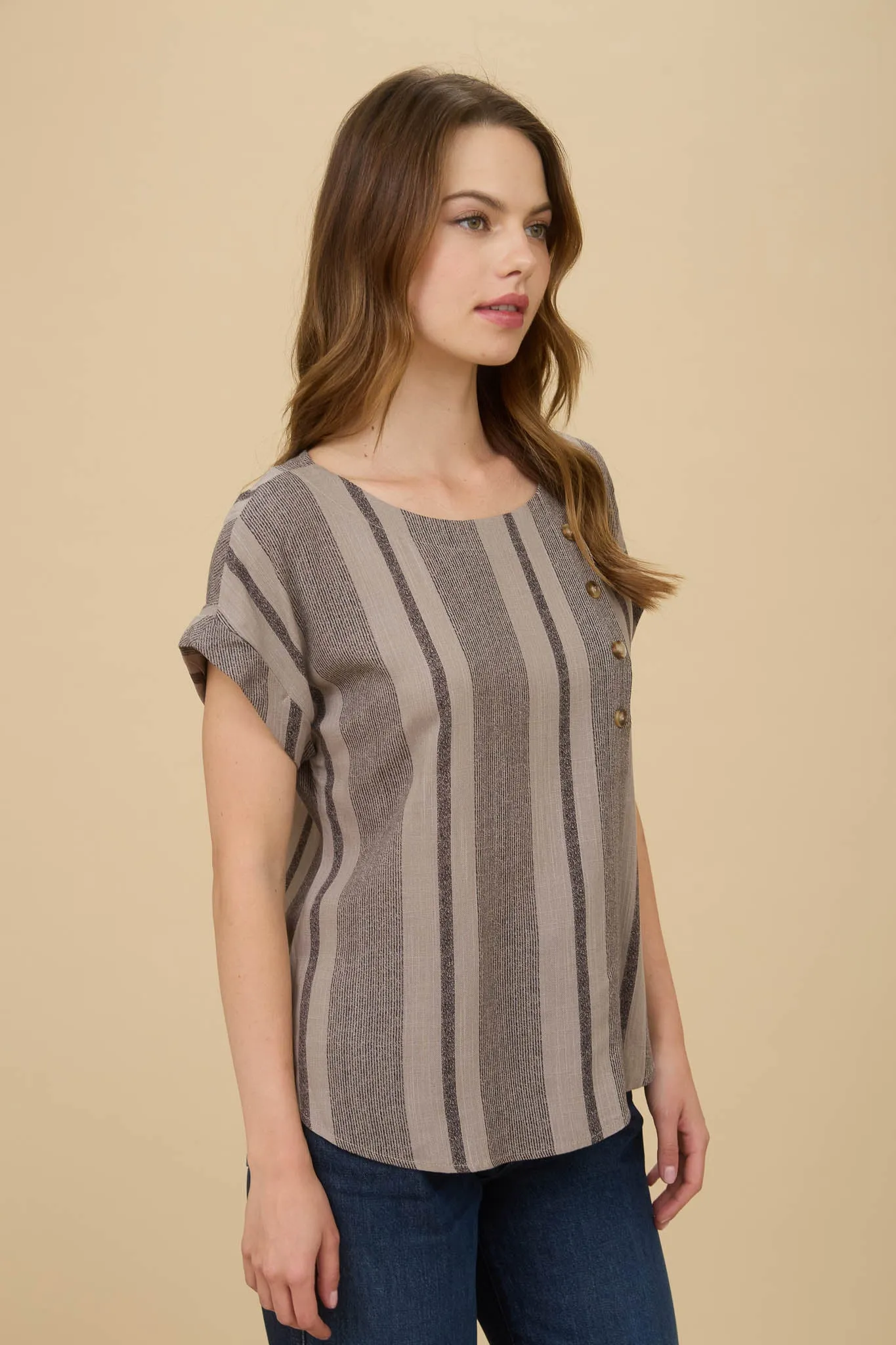 STRIPE SIDE BUTTON DOWN SHORT CUFF SLEEVE TOP sold by Blu Pepper product image thumbnail 3