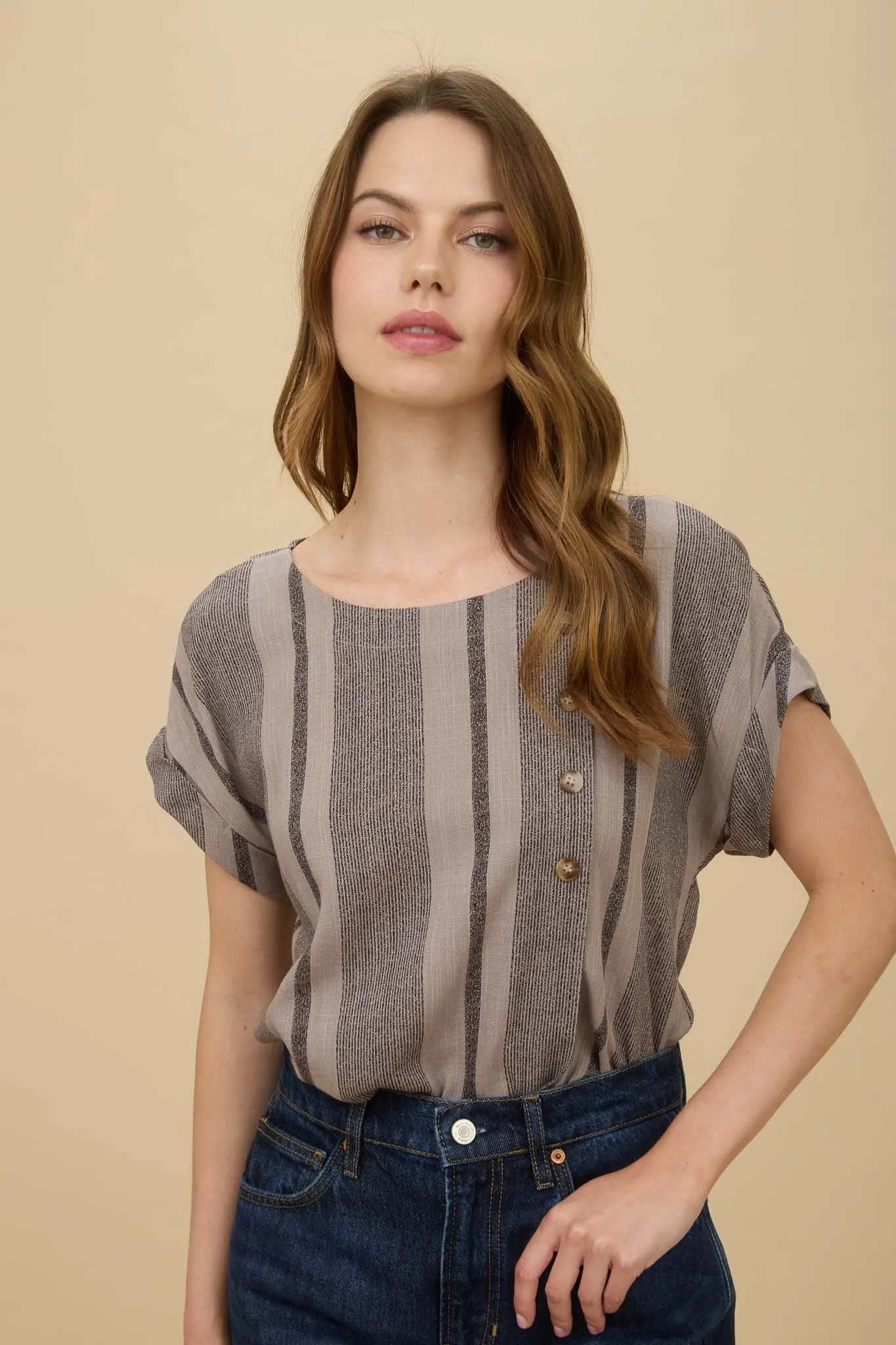 STRIPE SIDE BUTTON DOWN SHORT CUFF SLEEVE TOP sold by Blu Pepper product image thumbnail 5