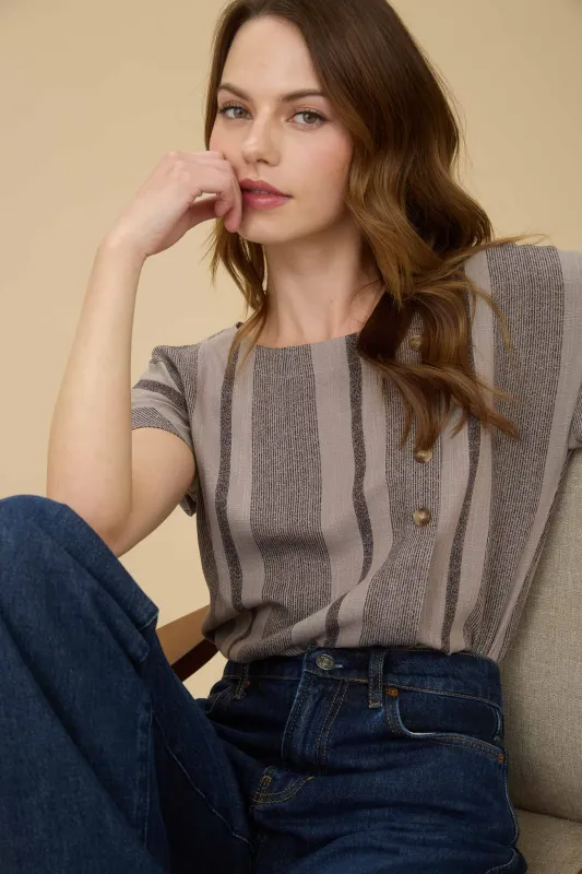 STRIPE SIDE BUTTON DOWN SHORT CUFF SLEEVE TOP sold by Blu Pepper
