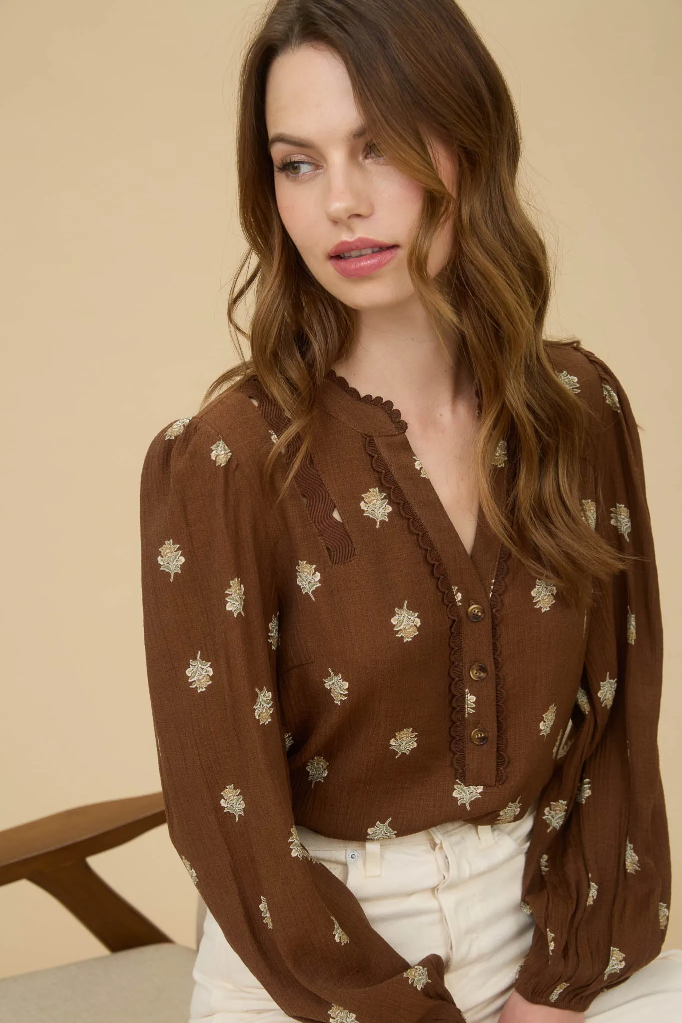 FLORAL SCALLOP TRIM LONG SLEEVE HALF BUTTON TOP sold by Blu Pepper product image thumbnail 4