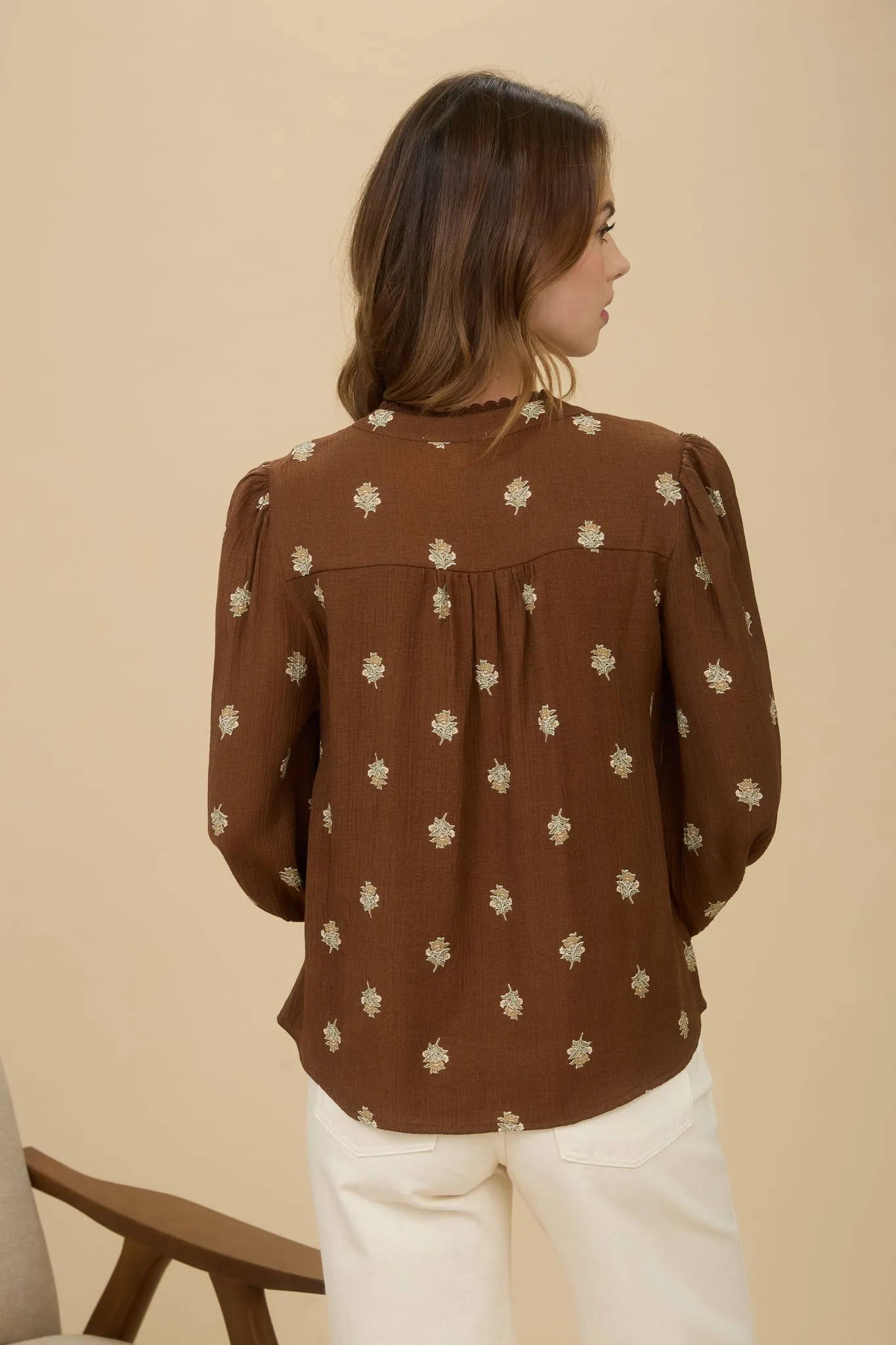 FLORAL SCALLOP TRIM LONG SLEEVE HALF BUTTON TOP sold by Blu Pepper product image thumbnail 2