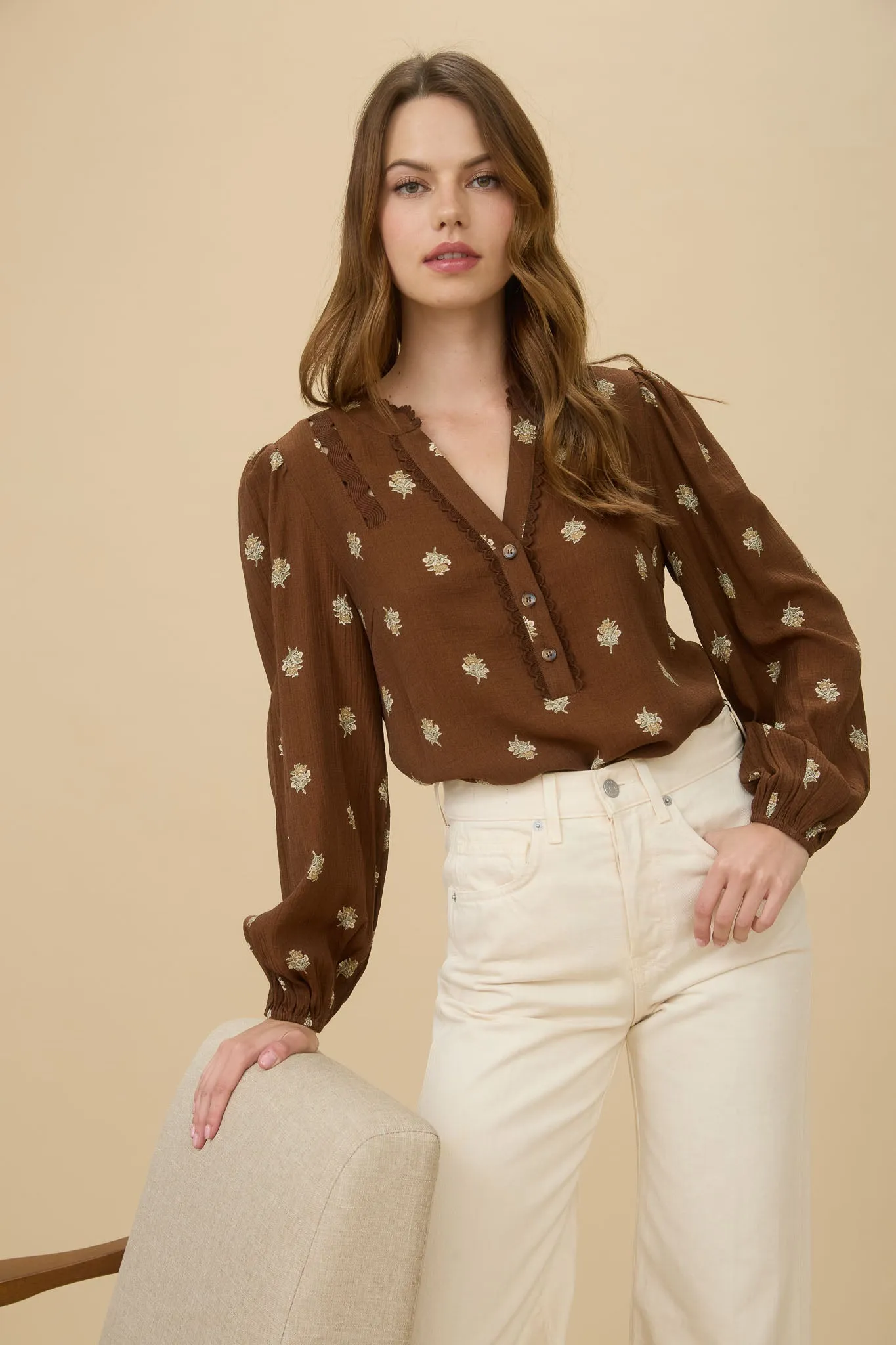 FLORAL SCALLOP TRIM LONG SLEEVE HALF BUTTON TOP sold by Blu Pepper product image thumbnail 5