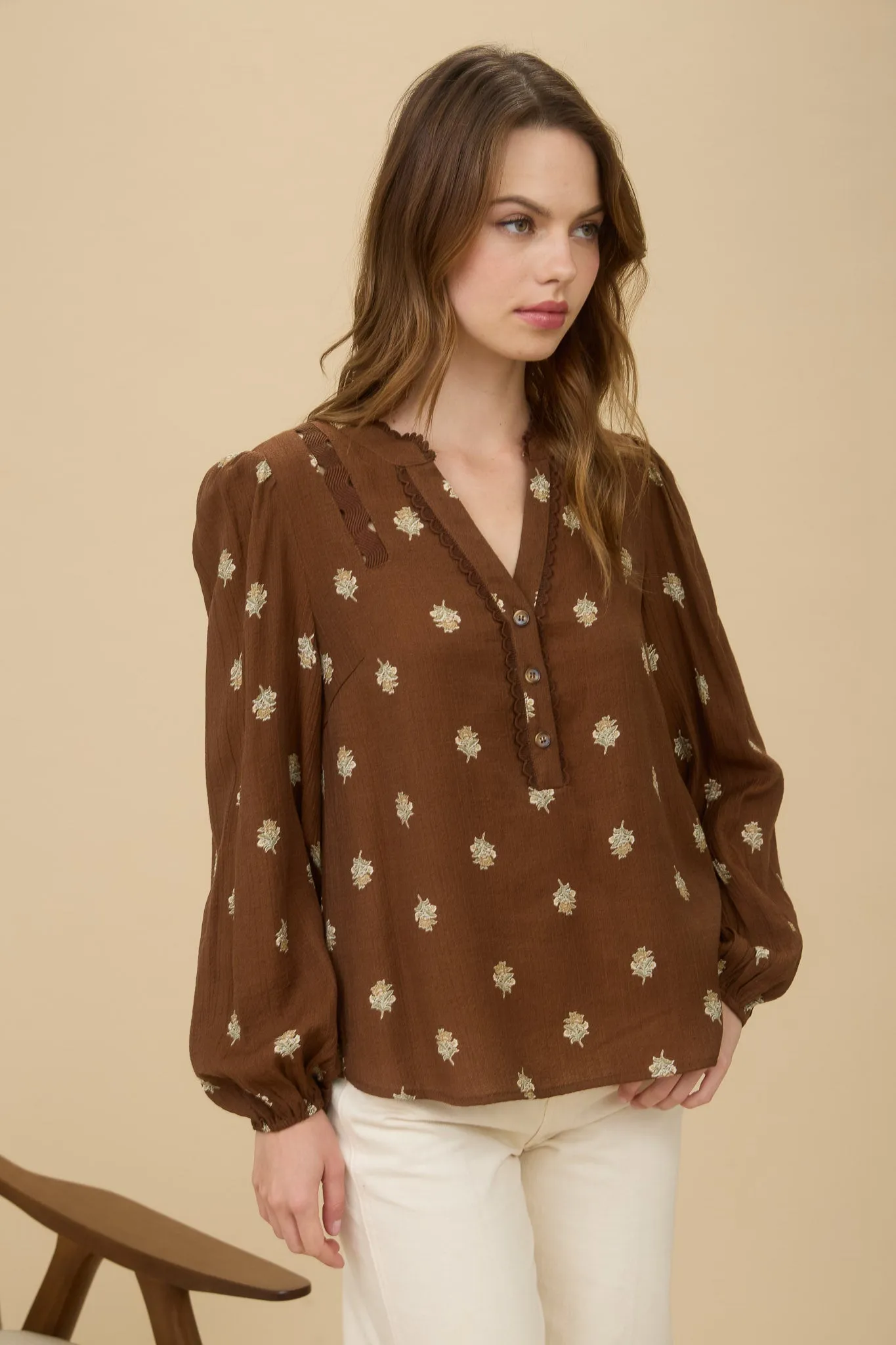 FLORAL SCALLOP TRIM LONG SLEEVE HALF BUTTON TOP sold by Blu Pepper product image thumbnail 3