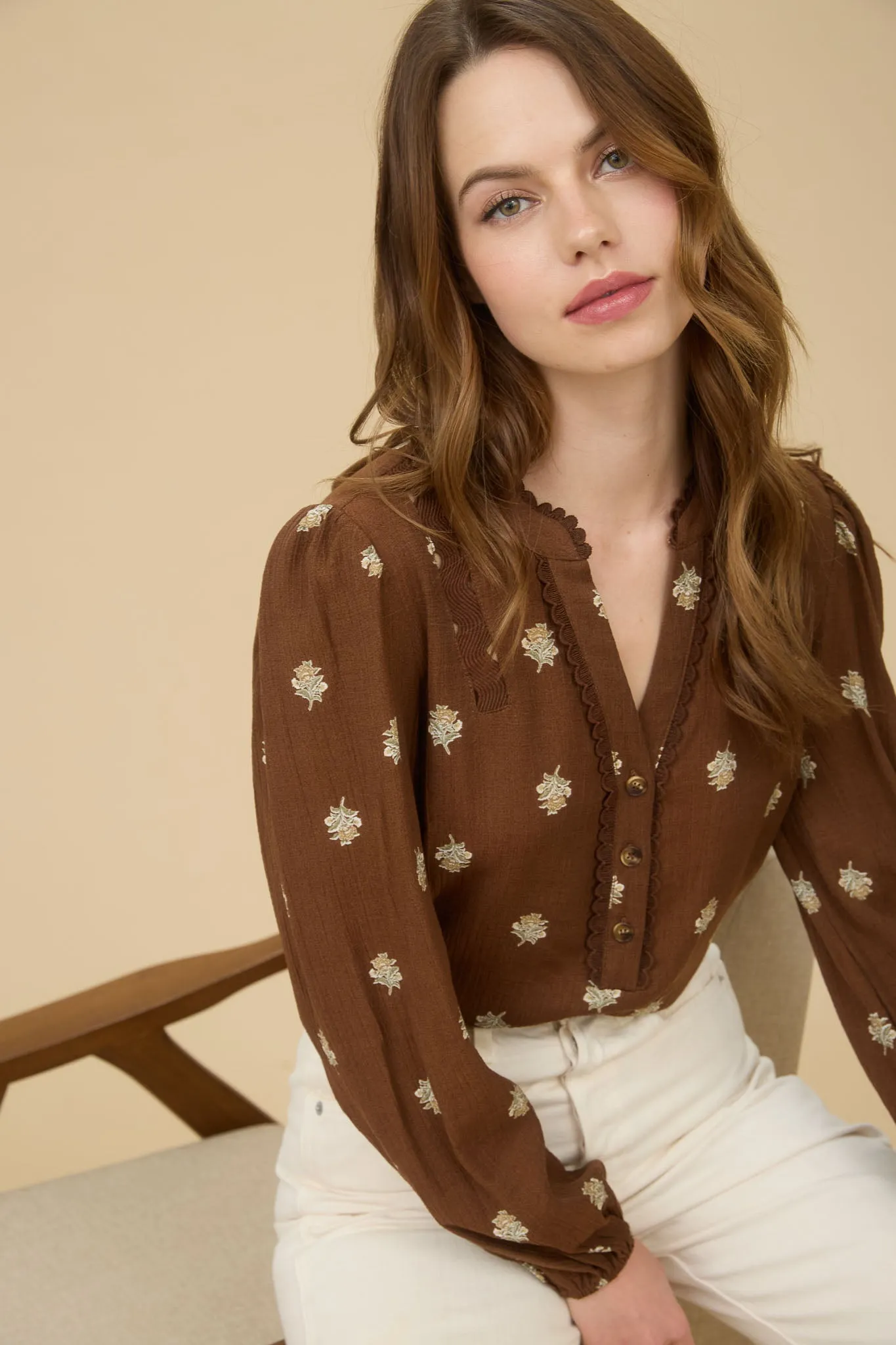 FLORAL SCALLOP TRIM LONG SLEEVE HALF BUTTON TOP sold by Blu Pepper
