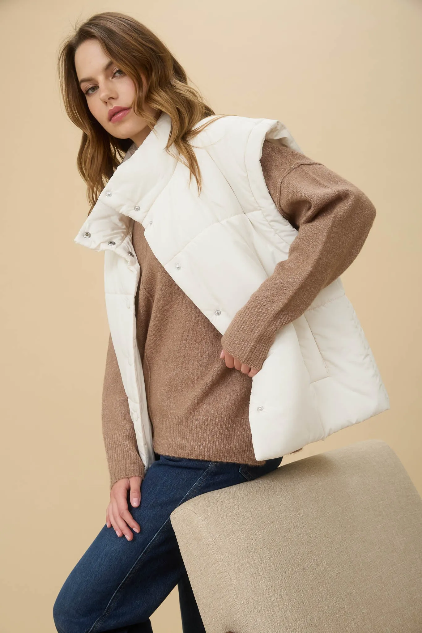 OVERSIZED SNAP BUTTON PUFFER VEST sold by Blu Pepper