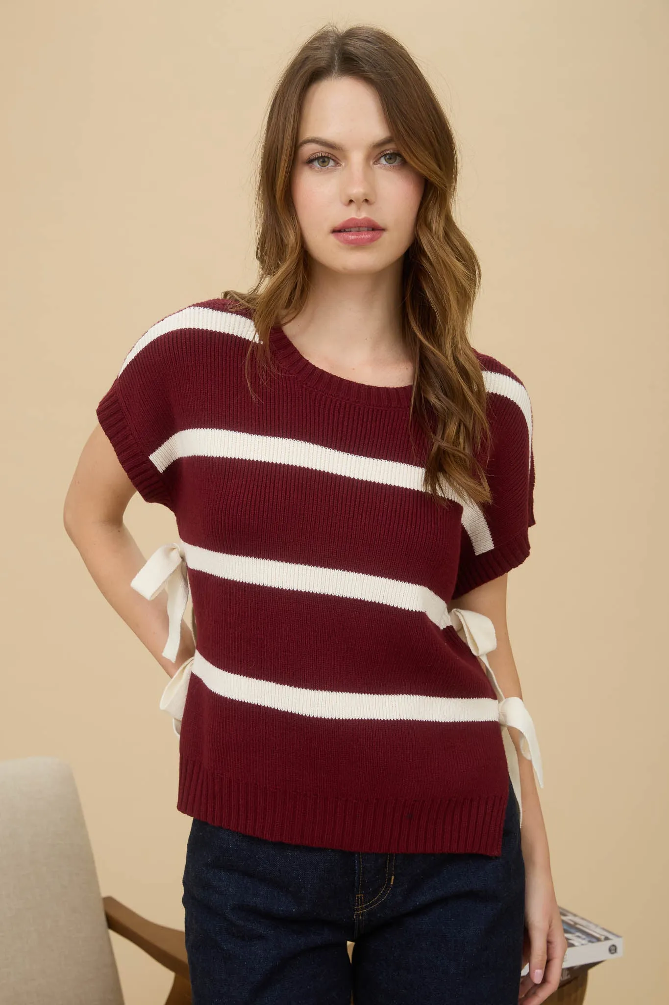 STRIPE SIDE TIE SHORT SLEEVE KNIT SWEATER sold by Blu Pepper product image thumbnail 4