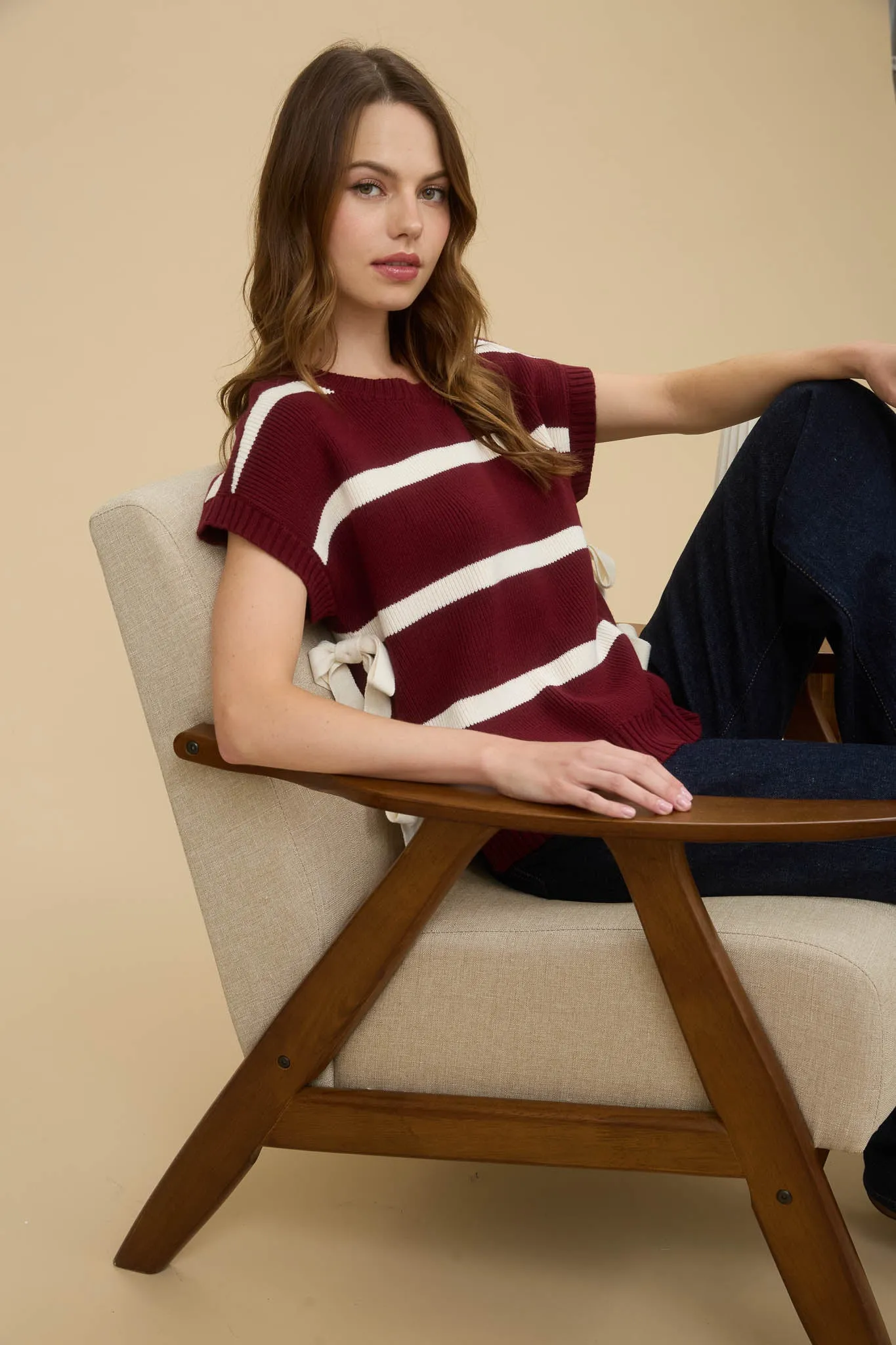 STRIPE SIDE TIE SHORT SLEEVE KNIT SWEATER sold by Blu Pepper product image thumbnail 5