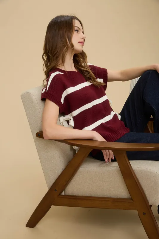 STRIPE SIDE TIE SHORT SLEEVE KNIT SWEATER (PRE-ORDER) sold by Blu Pepper