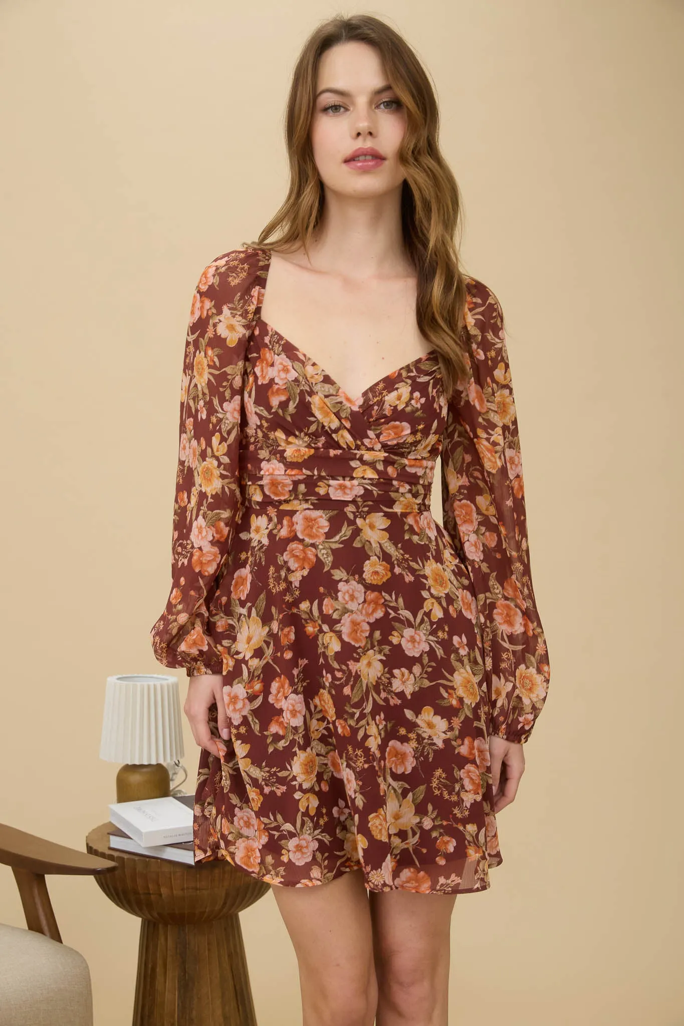 FLORAL SWEETHEART LONG SLEEVE BACK TIE MINI DRESS sold by Blu Pepper product image thumbnail 5