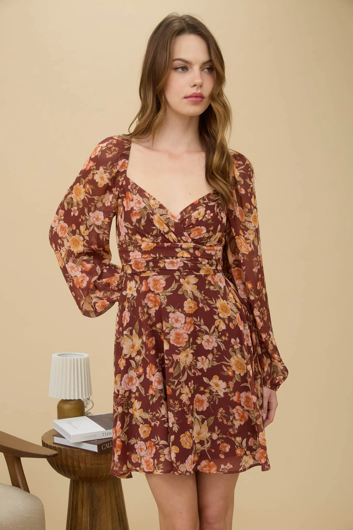 FLORAL SWEETHEART LONG SLEEVE BACK TIE MINI DRESS sold by Blu Pepper product image thumbnail 4