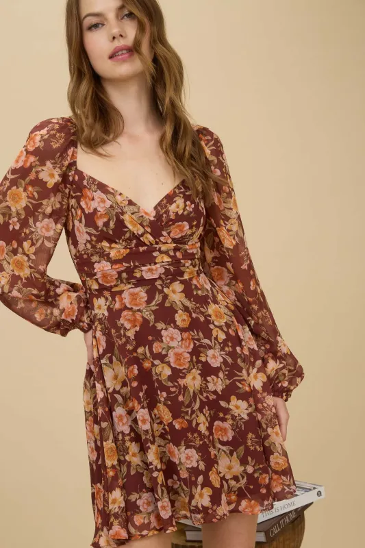 FLORAL SWEETHEART LONG SLEEVE BACK TIE MINI DRESS sold by Blu Pepper