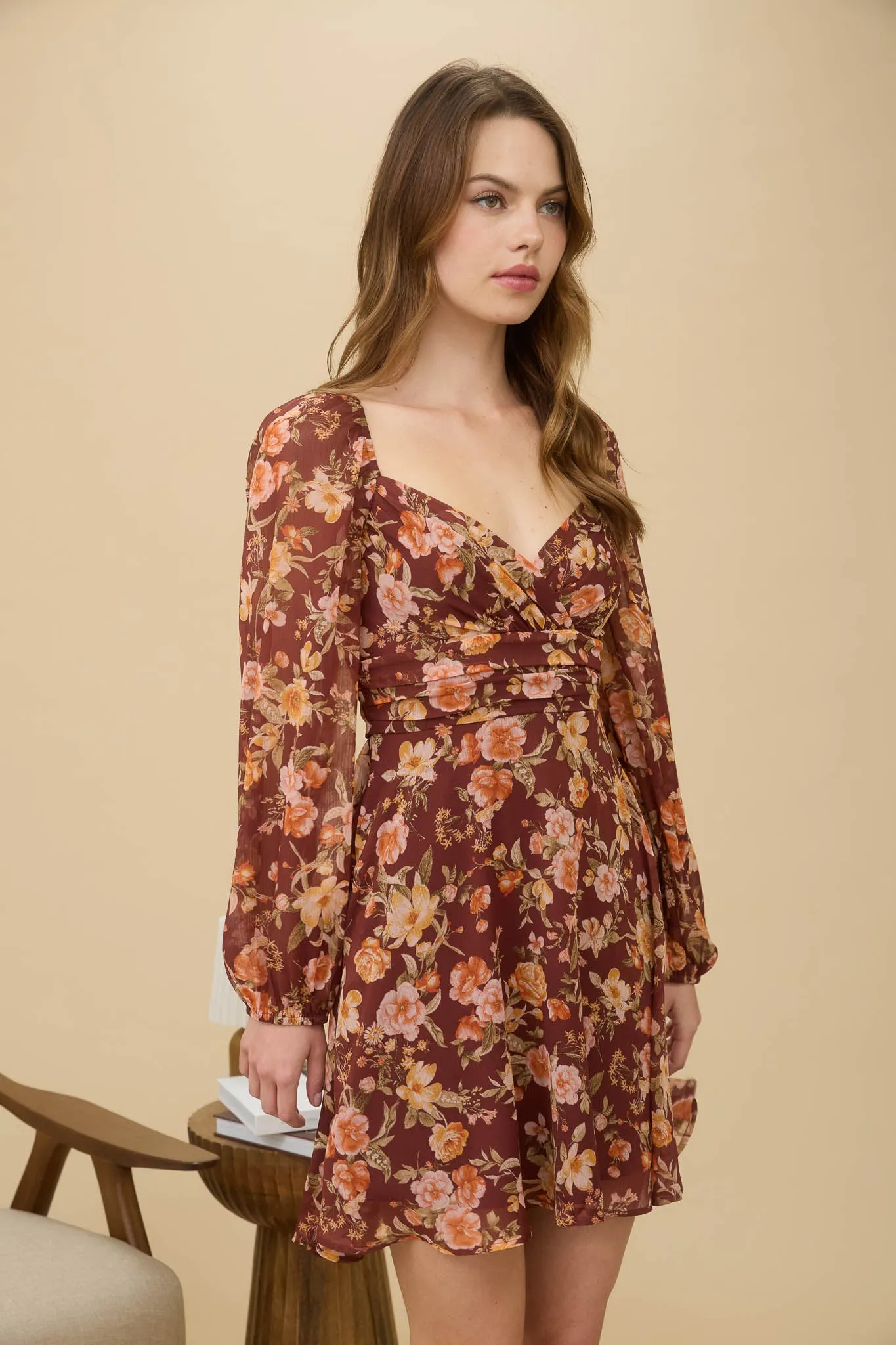 FLORAL SWEETHEART LONG SLEEVE BACK TIE MINI DRESS sold by Blu Pepper product image thumbnail 3