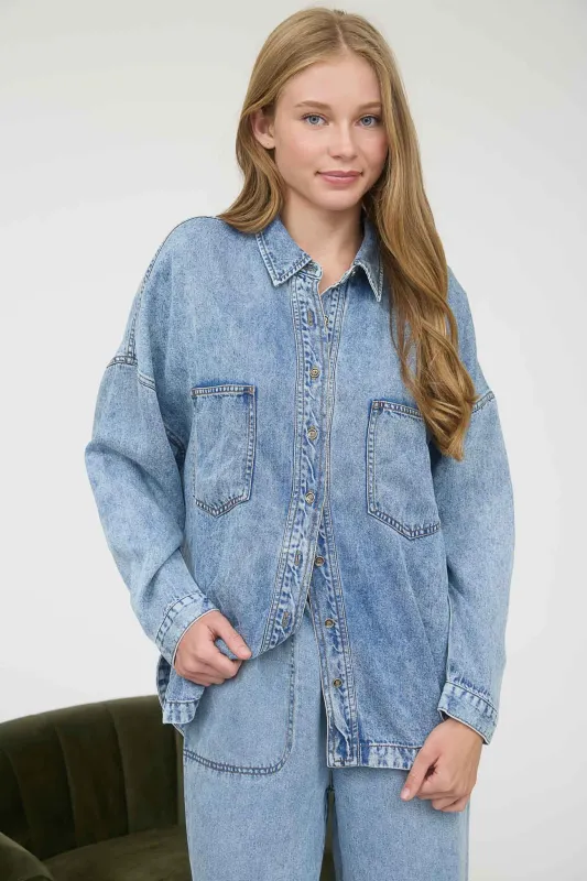 WASHED CHAMBRAY BUTTON DOWN LONG SLEEVE SHIRT (PRE-ORDER) sold by Blu Pepper