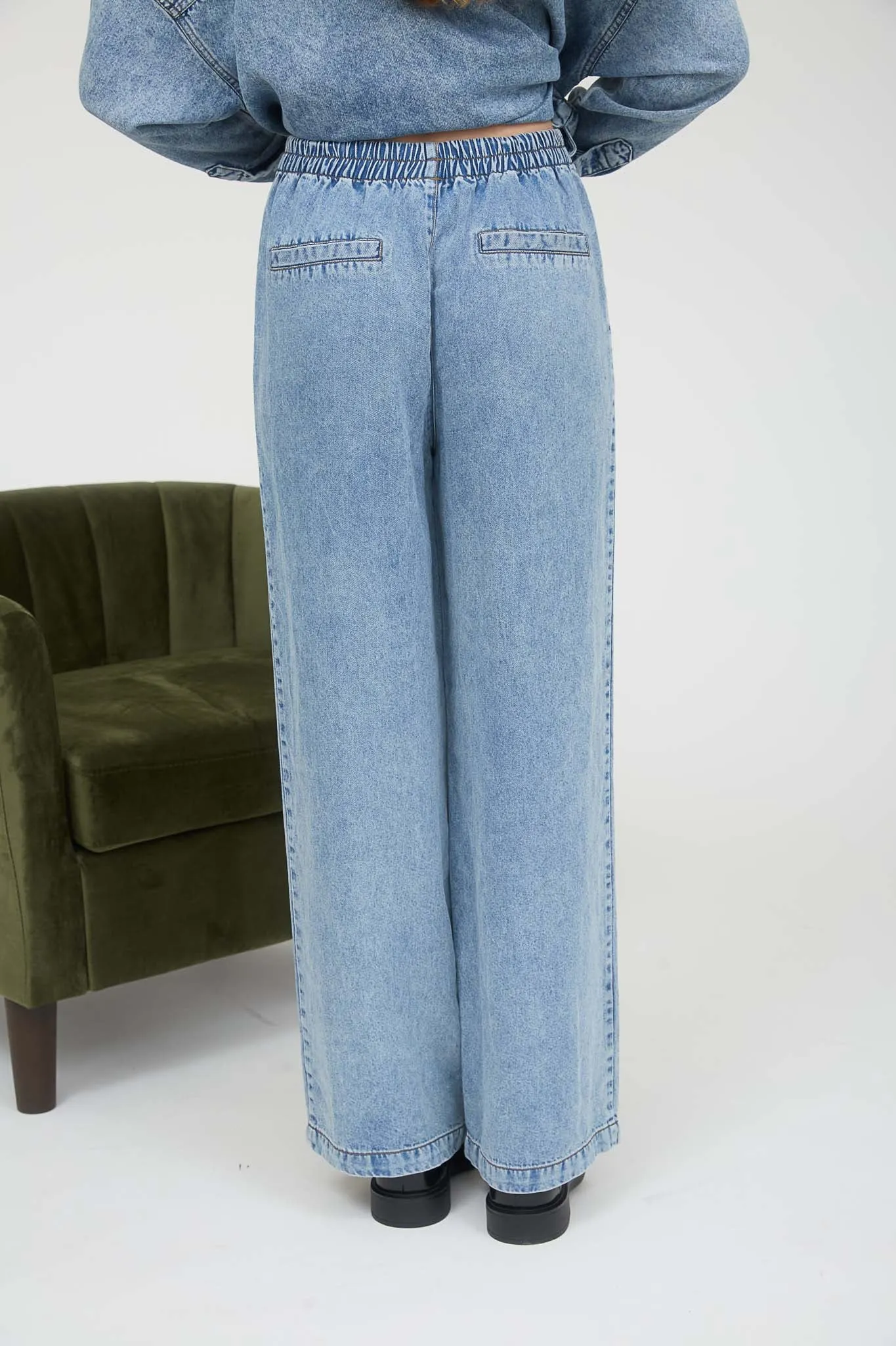 WASHED CHAMBRAY ELASTIC WAIST WIDE LEG PANTS sold by Blu Pepper product image thumbnail 2