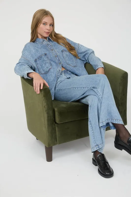 WASHED CHAMBRAY ELASTIC WAIST WIDE LEG PANTS made by Blu Pepper