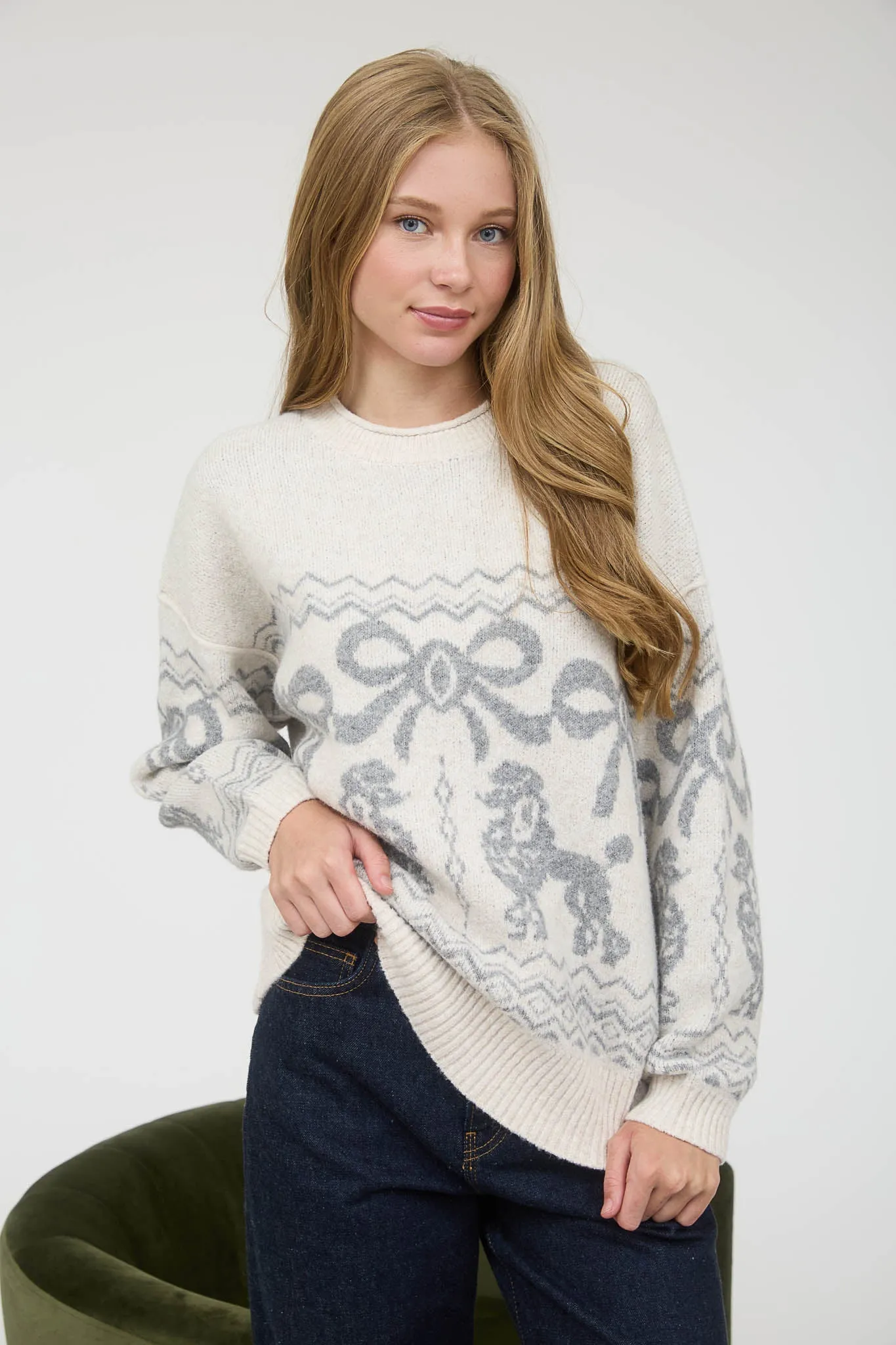 POODLE BOW JACQUARD KNIT PULLOVER SWEATER sold by Blu Pepper product image thumbnail 4