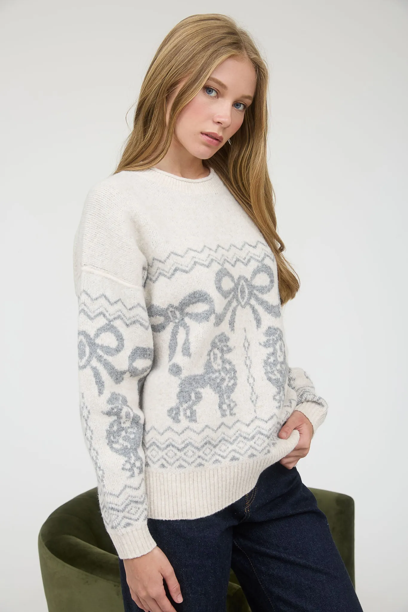 POODLE BOW JACQUARD KNIT PULLOVER SWEATER sold by Blu Pepper product image thumbnail 3