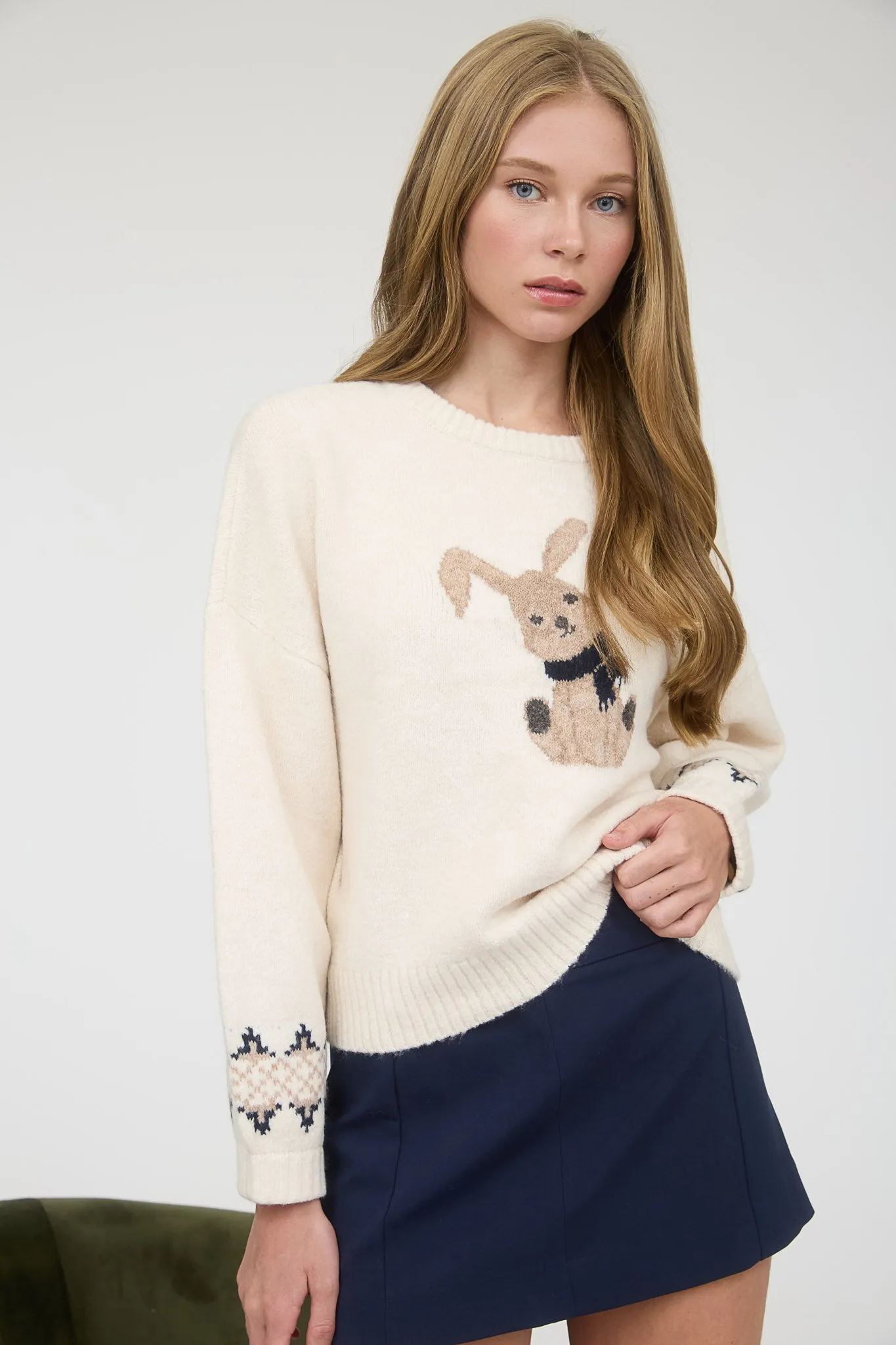 BUNNY JACQUARD CREWNECK LONG SLEEVE KNIT SWEATER sold by Blu Pepper