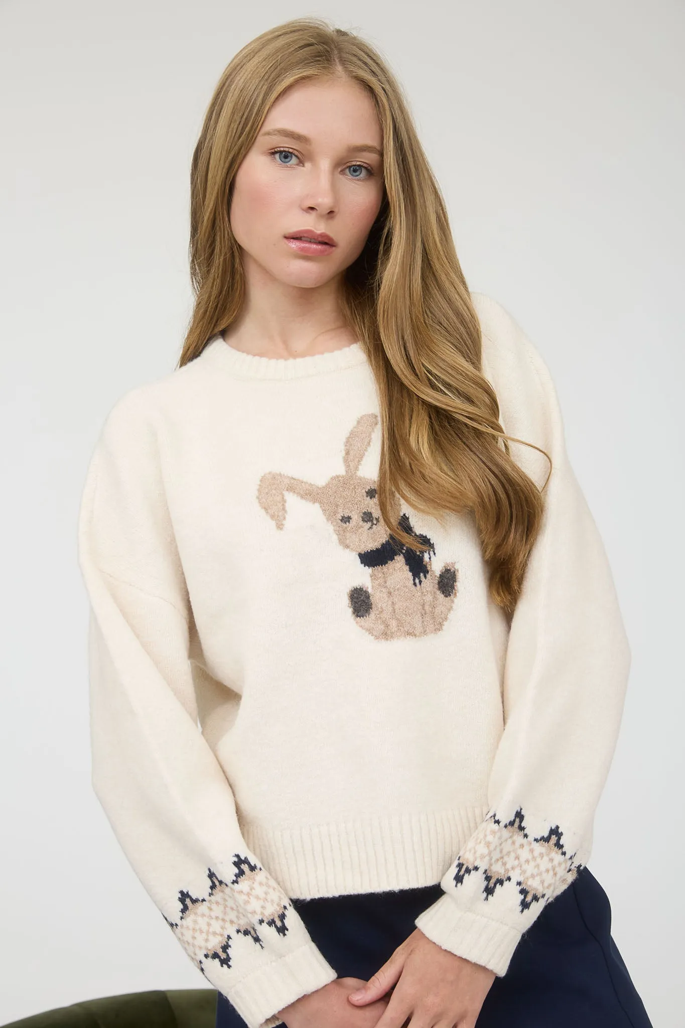 BUNNY JACQUARD CREWNECK LONG SLEEVE KNIT SWEATER sold by Blu Pepper product image thumbnail 5