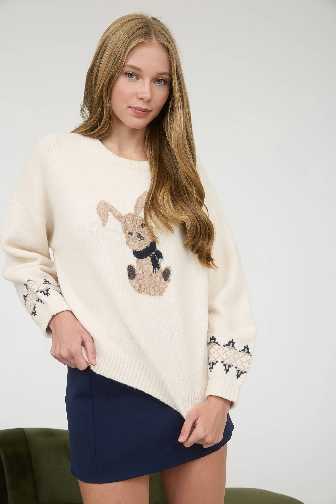BUNNY JACQUARD CREWNECK LONG SLEEVE KNIT SWEATER sold by Blu Pepper product image thumbnail 4