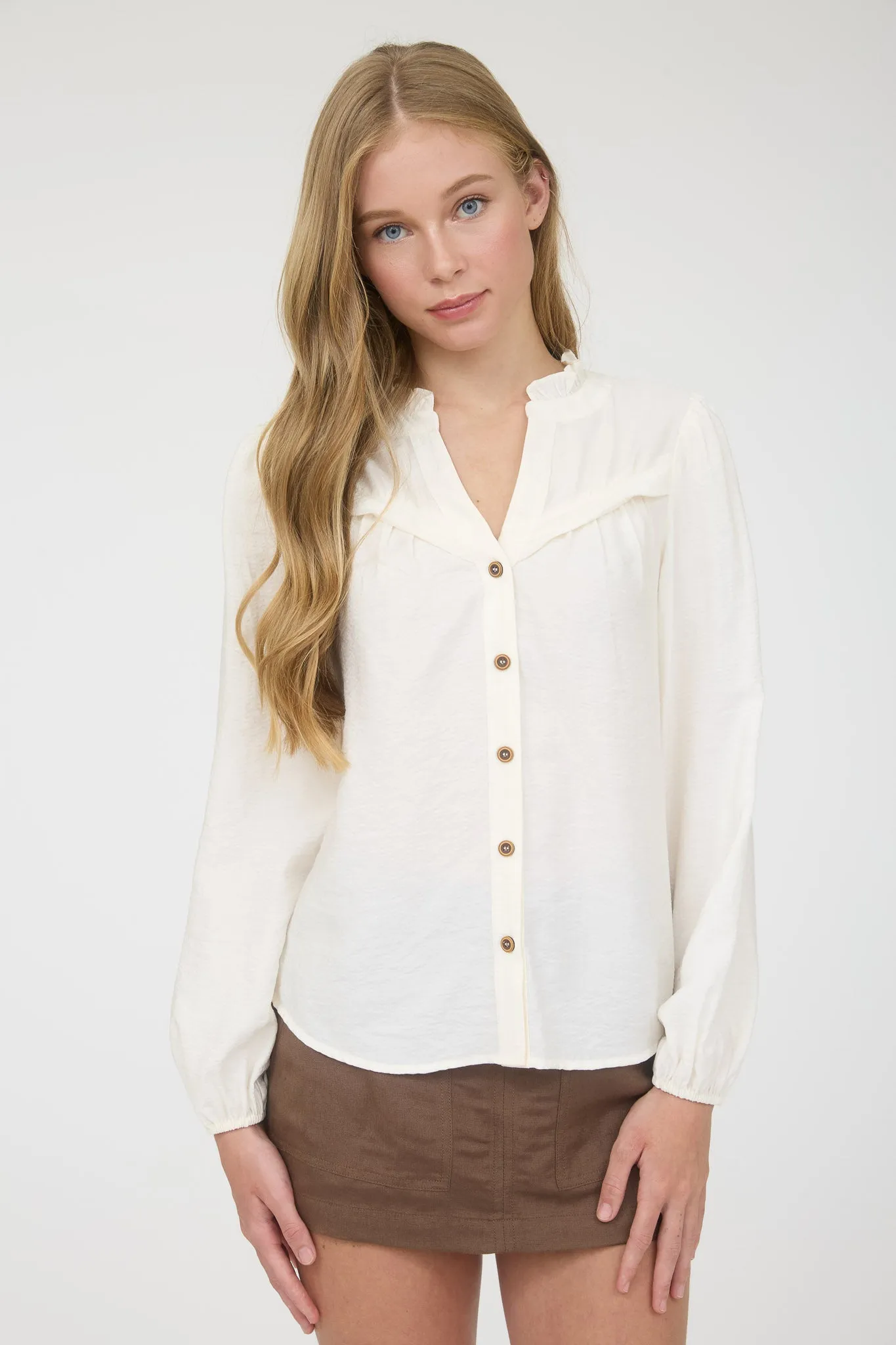 RUFFLE NECK BUTTON DOWN LONG SLEEVE TOP sold by Blu Pepper product image thumbnail 5