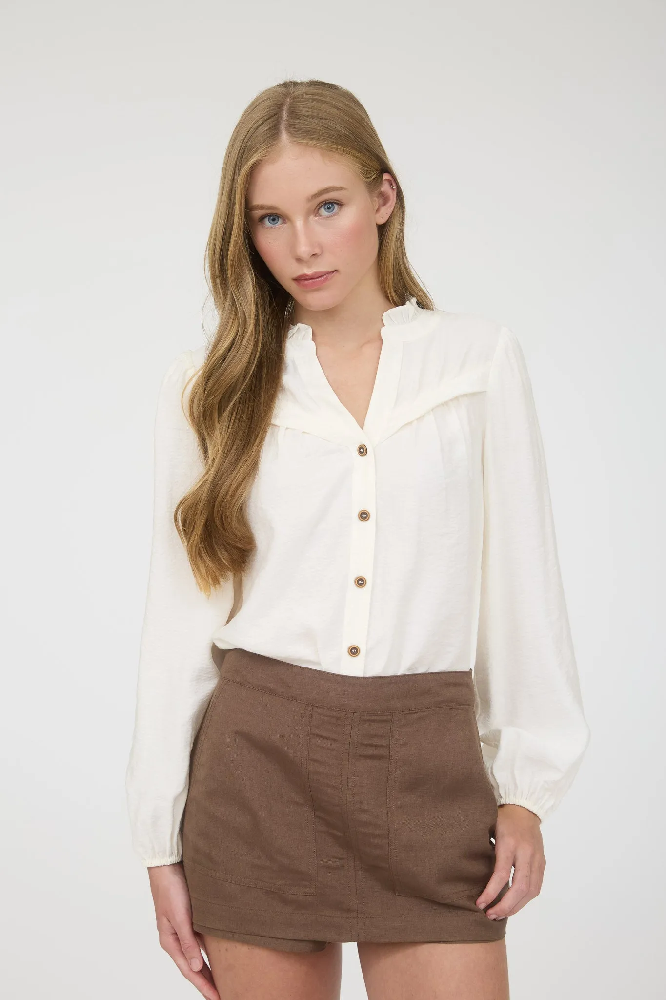 RUFFLE NECK BUTTON DOWN LONG SLEEVE TOP sold by Blu Pepper product image thumbnail 4