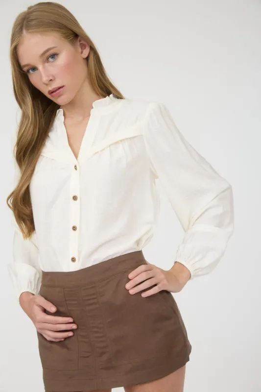 RUFFLE NECK BUTTON DOWN LONG SLEEVE TOP sold by Blu Pepper