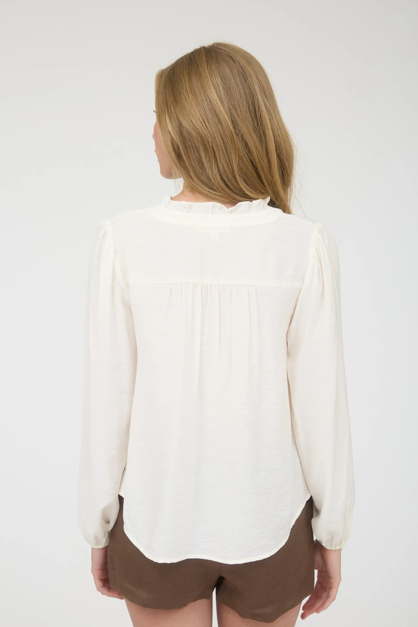 RUFFLE NECK BUTTON DOWN LONG SLEEVE TOP sold by Blu Pepper product image thumbnail 2