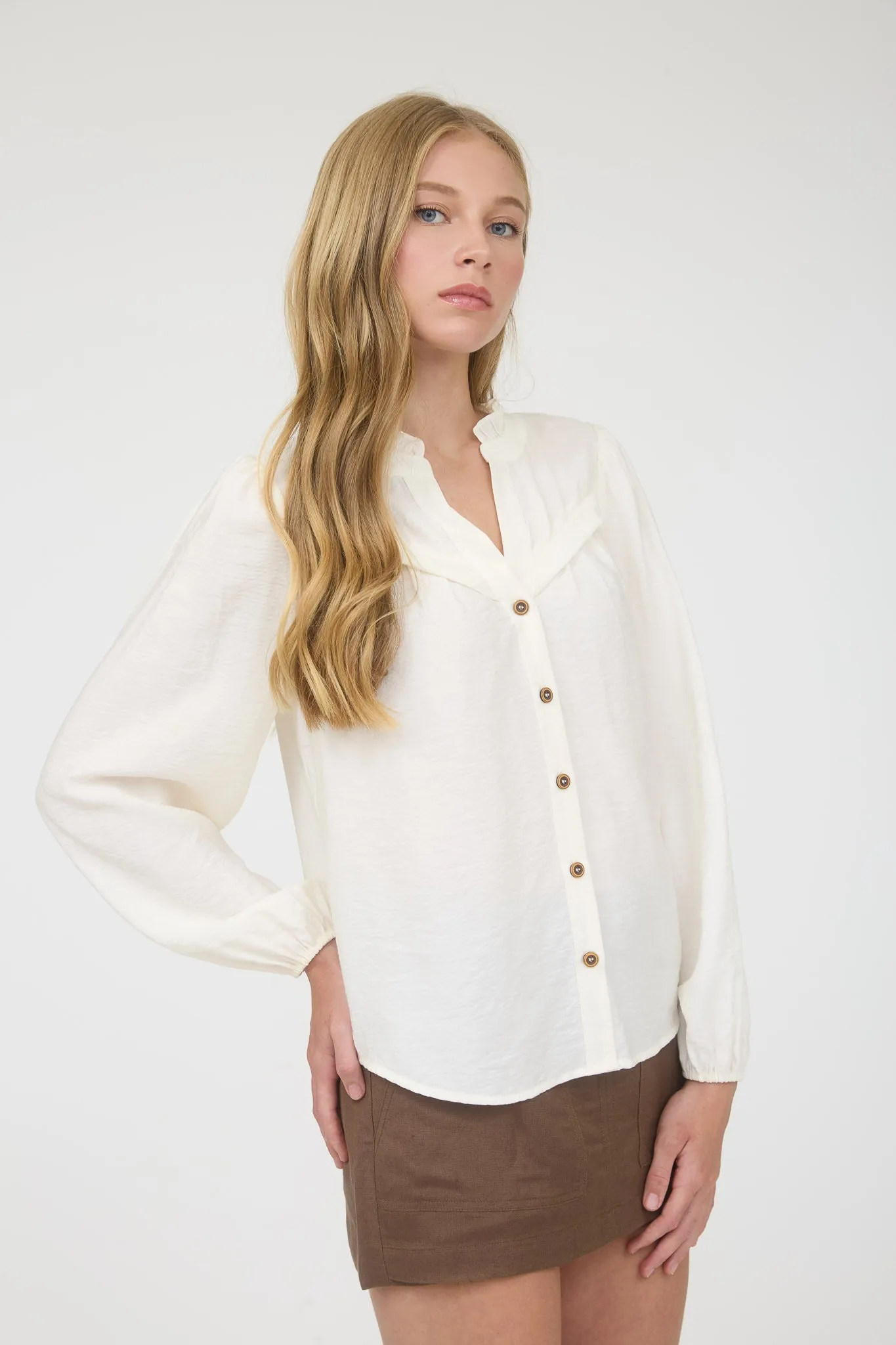 RUFFLE NECK BUTTON DOWN LONG SLEEVE TOP sold by Blu Pepper product image thumbnail 3