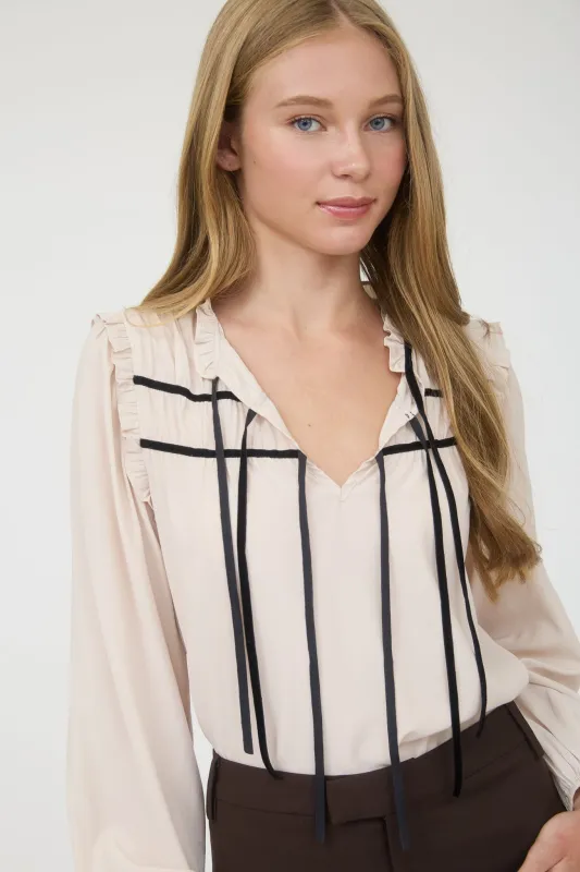 RIBBON BOW TIE YOKE DETAIL LONG SLEEVE TOP sold by Blu Pepper