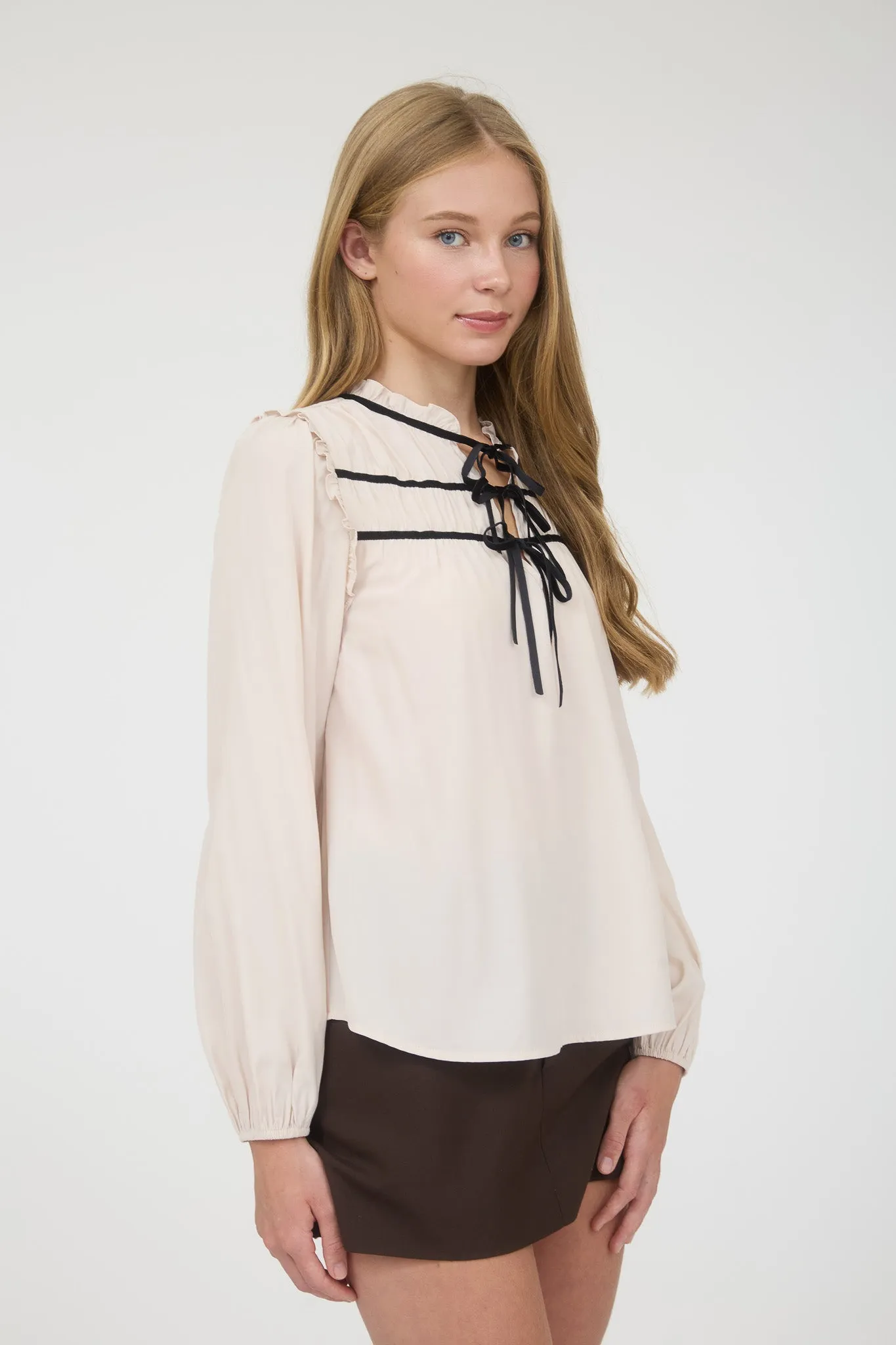 RIBBON BOW TIE YOKE DETAIL LONG SLEEVE TOP sold by Blu Pepper product image thumbnail 3