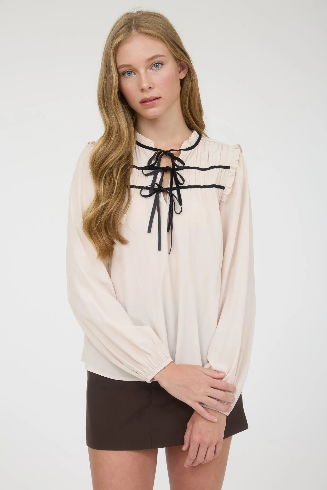 RIBBON BOW TIE YOKE DETAIL LONG SLEEVE TOP sold by Blu Pepper product image thumbnail 4