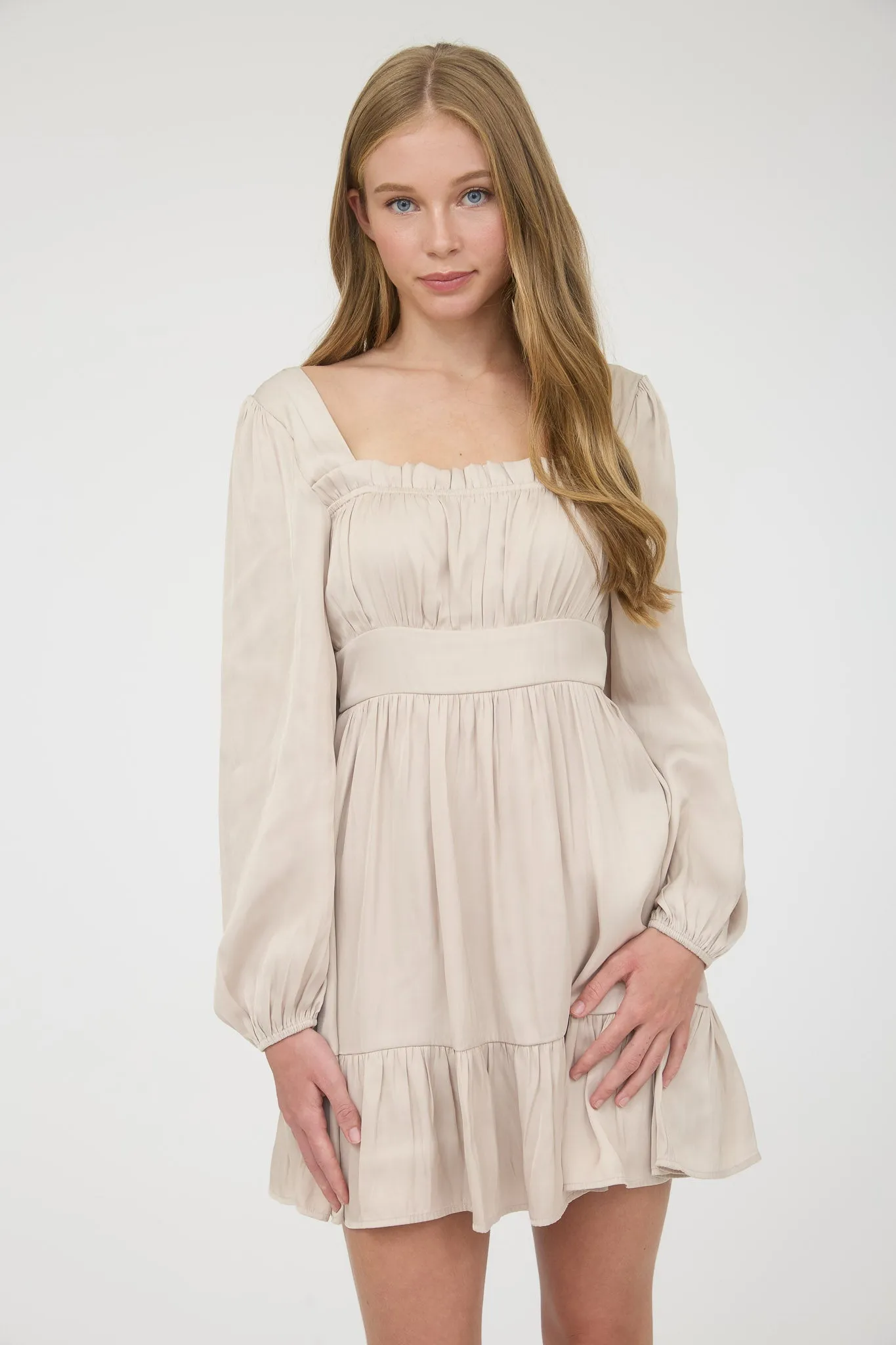 SATIN SQUARE NECK LONG SLEEVE MINI DRESS sold by Blu Pepper product image thumbnail 4