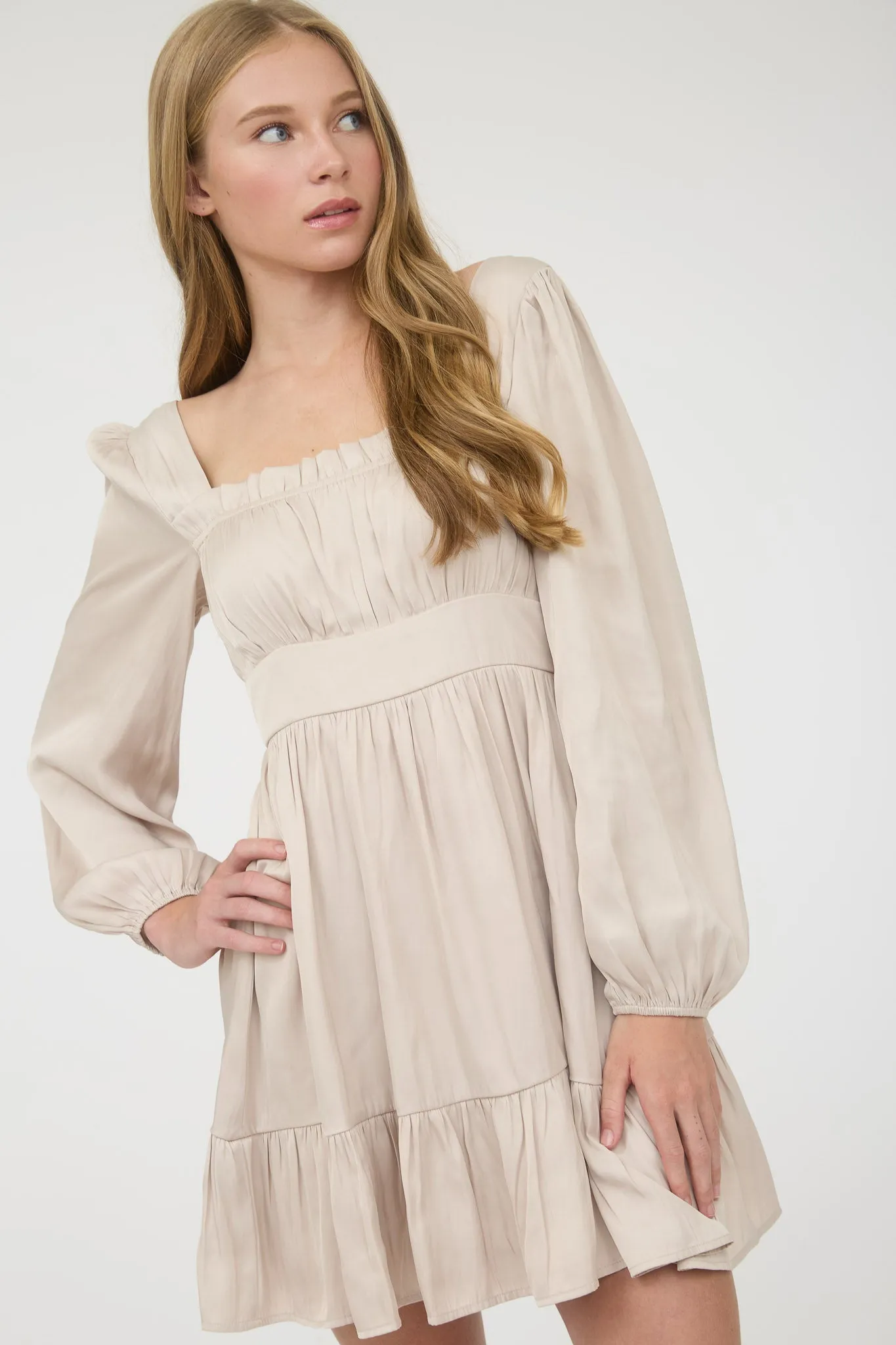 SATIN SQUARE NECK LONG SLEEVE MINI DRESS sold by Blu Pepper