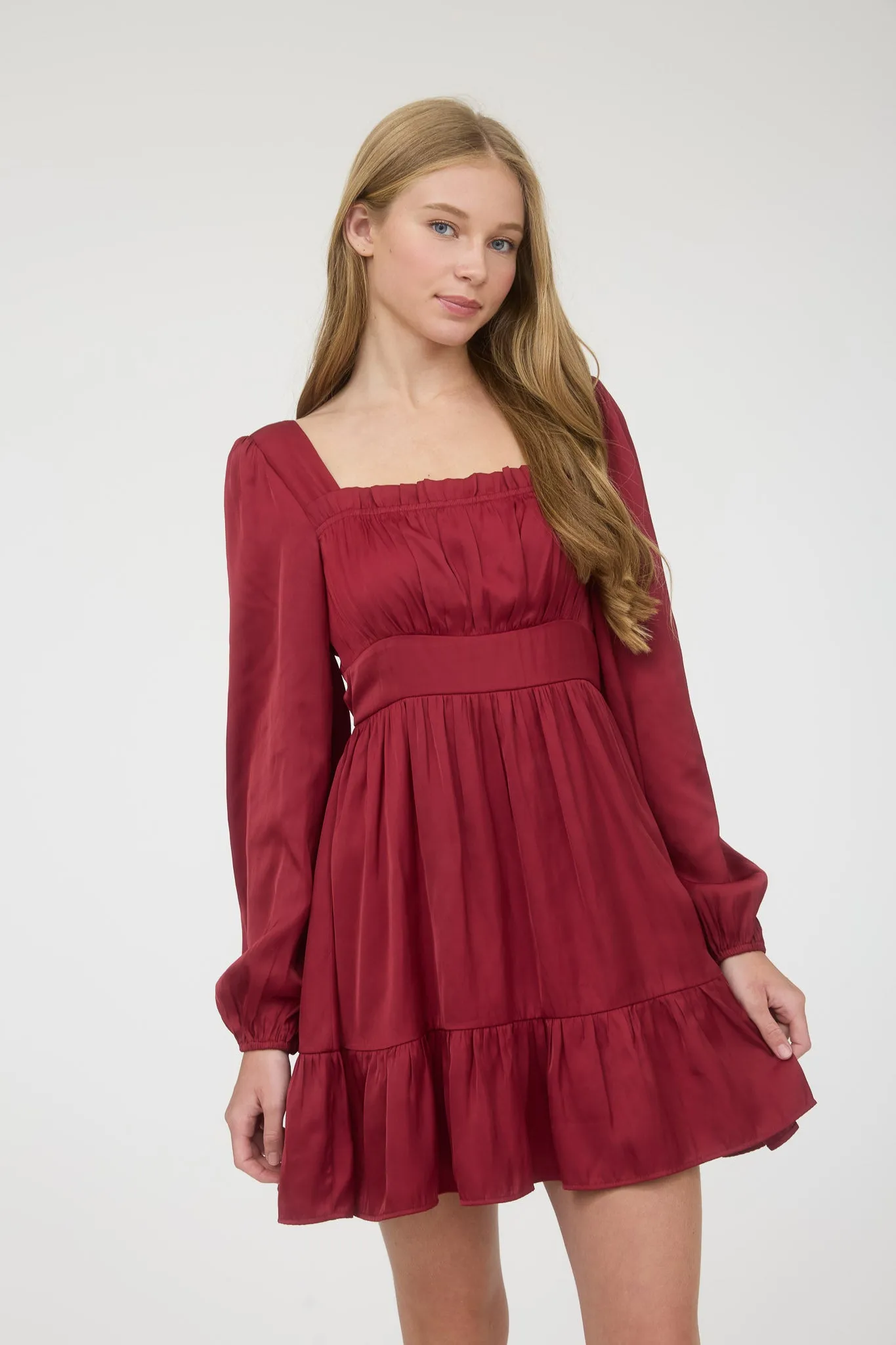 SATIN SQUARE NECK LONG SLEEVE MINI DRESS sold by Blu Pepper product image thumbnail 5