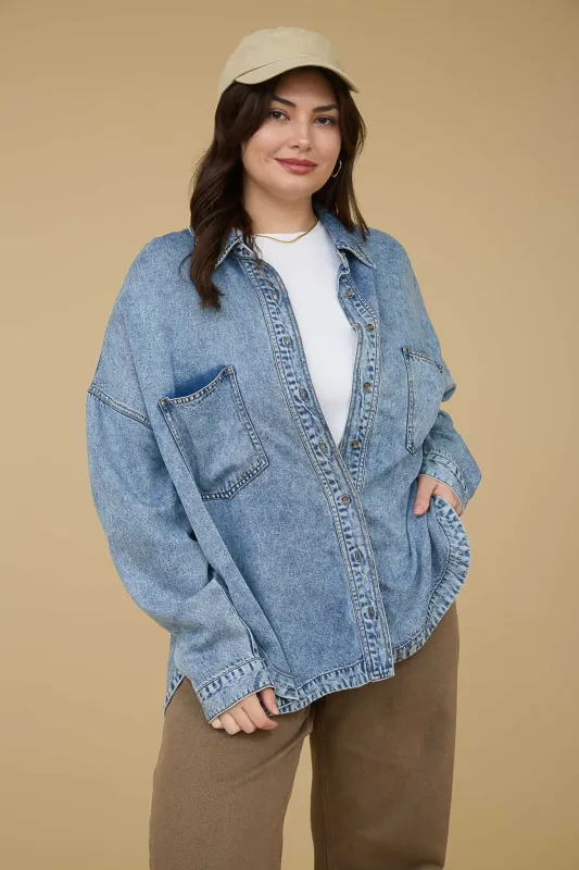 PLUS WASHED CHAMBRAY BUTTON DOWN LONG SLEEVE SHIRT (PRE-ORDER) sold by Blu Pepper