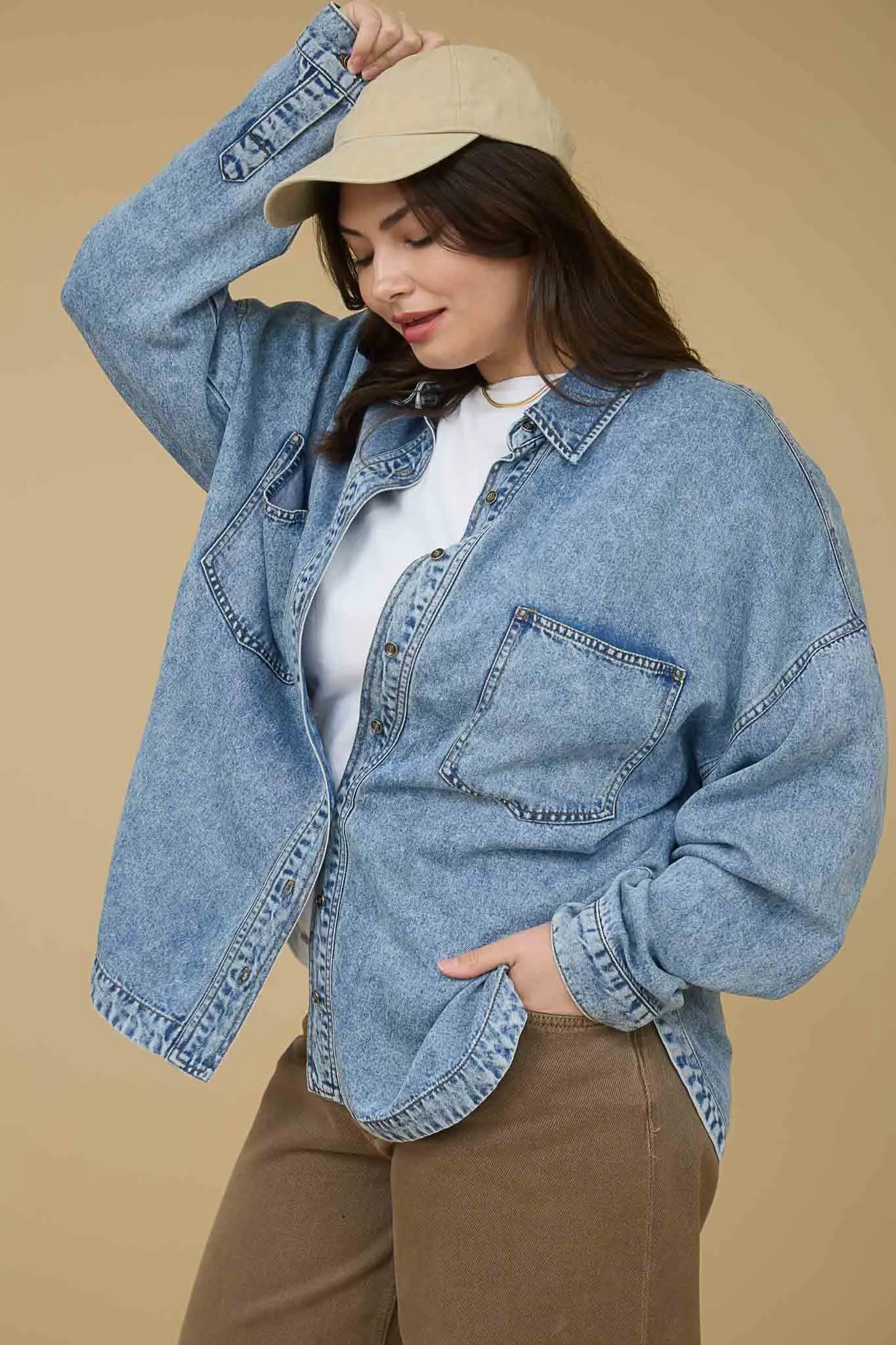 PLUS WASHED CHAMBRAY BUTTON DOWN LONG SLEEVE SHIRT (PRE-ORDER) sold by Blu Pepper product image thumbnail 3