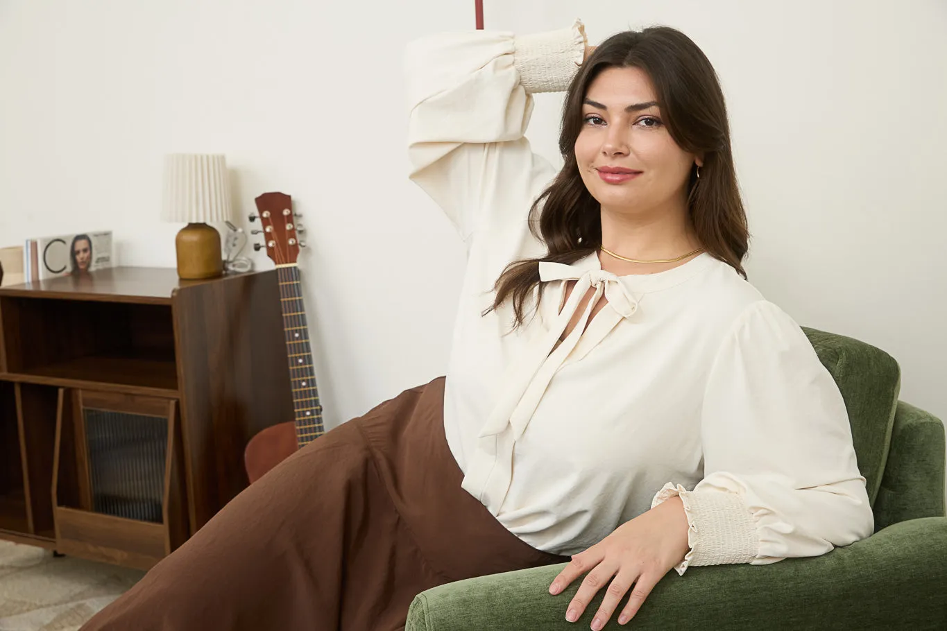 PLUS NECKTIE LONG SLEEVE WITH SMOCKED CUFF TOP sold by Blu Pepper product image thumbnail 5