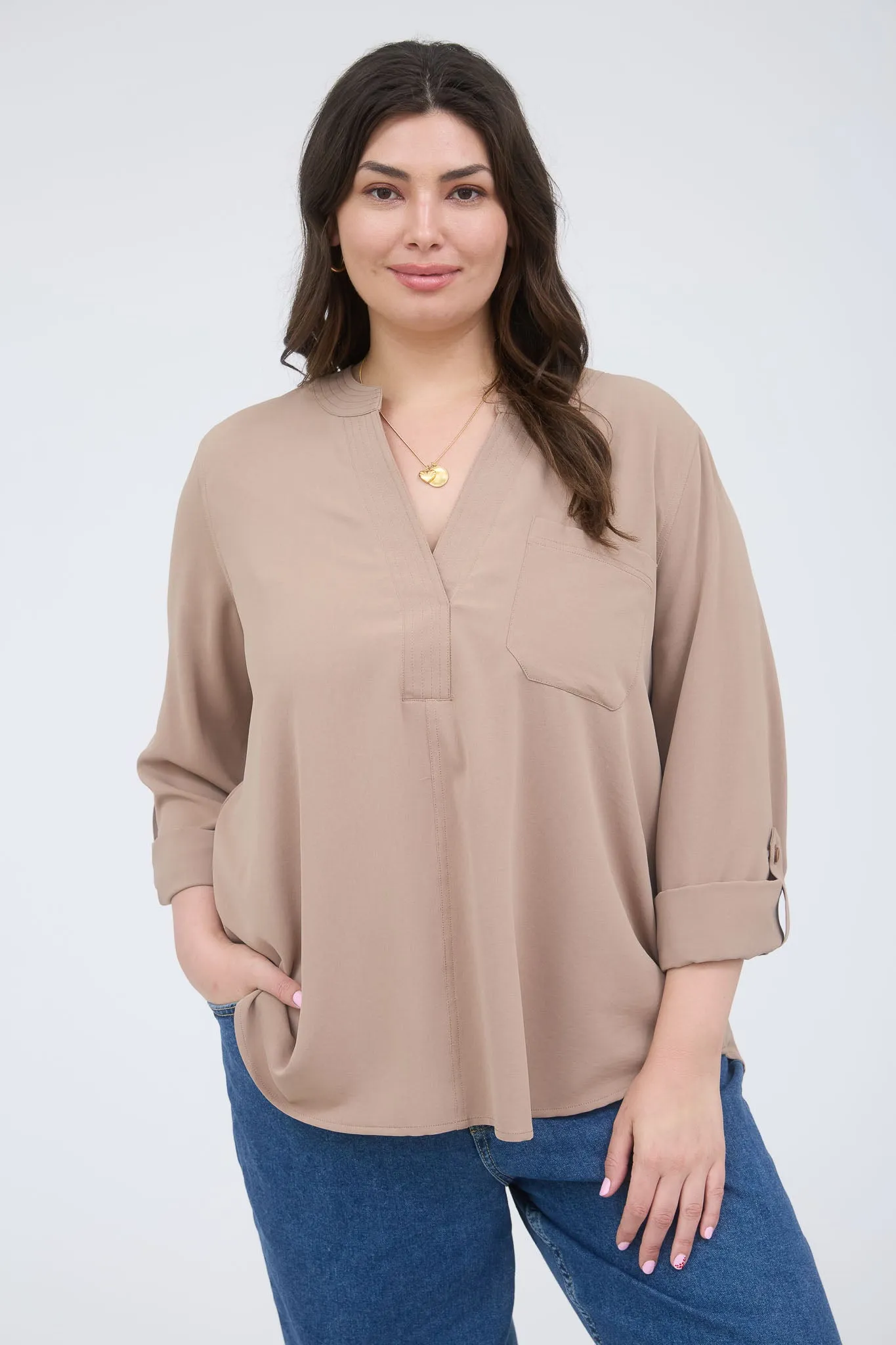 PLUS SPLIT NECK 3/4 TAB SLEEVE SOLID TOP sold by Blu Pepper