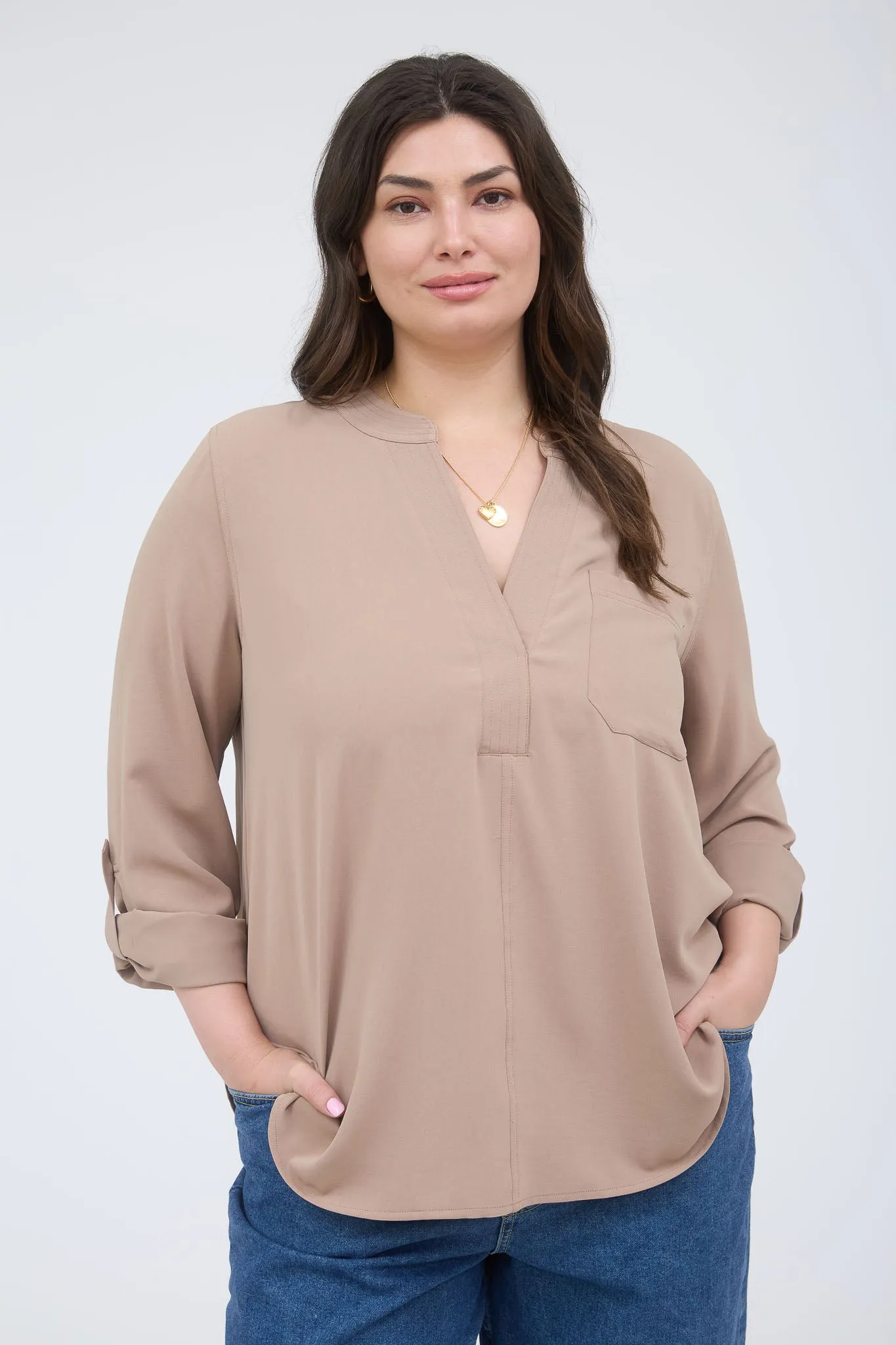 PLUS SPLIT NECK 3/4 TAB SLEEVE SOLID TOP sold by Blu Pepper product image thumbnail 5
