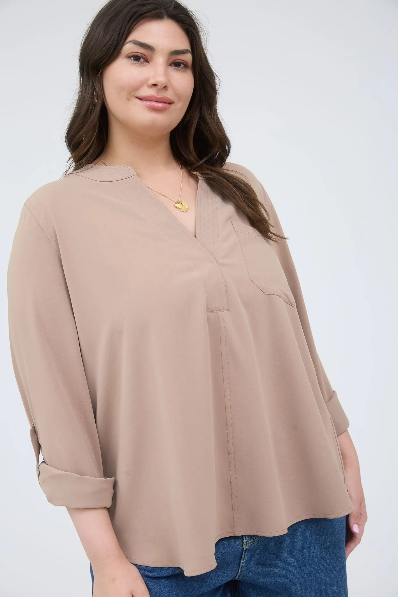 PLUS SPLIT NECK 3/4 TAB SLEEVE SOLID TOP sold by Blu Pepper product image thumbnail 4