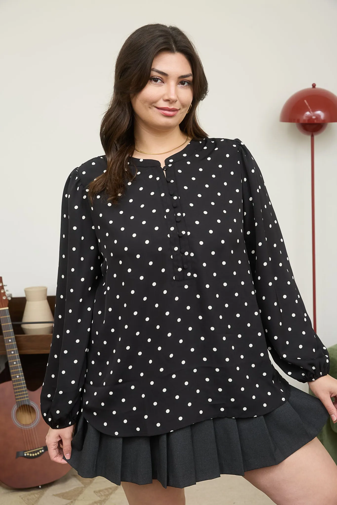 PLUS POLKA DOT HENLEY LONG SLEEVE BLOUSE sold by Blu Pepper product image thumbnail 5